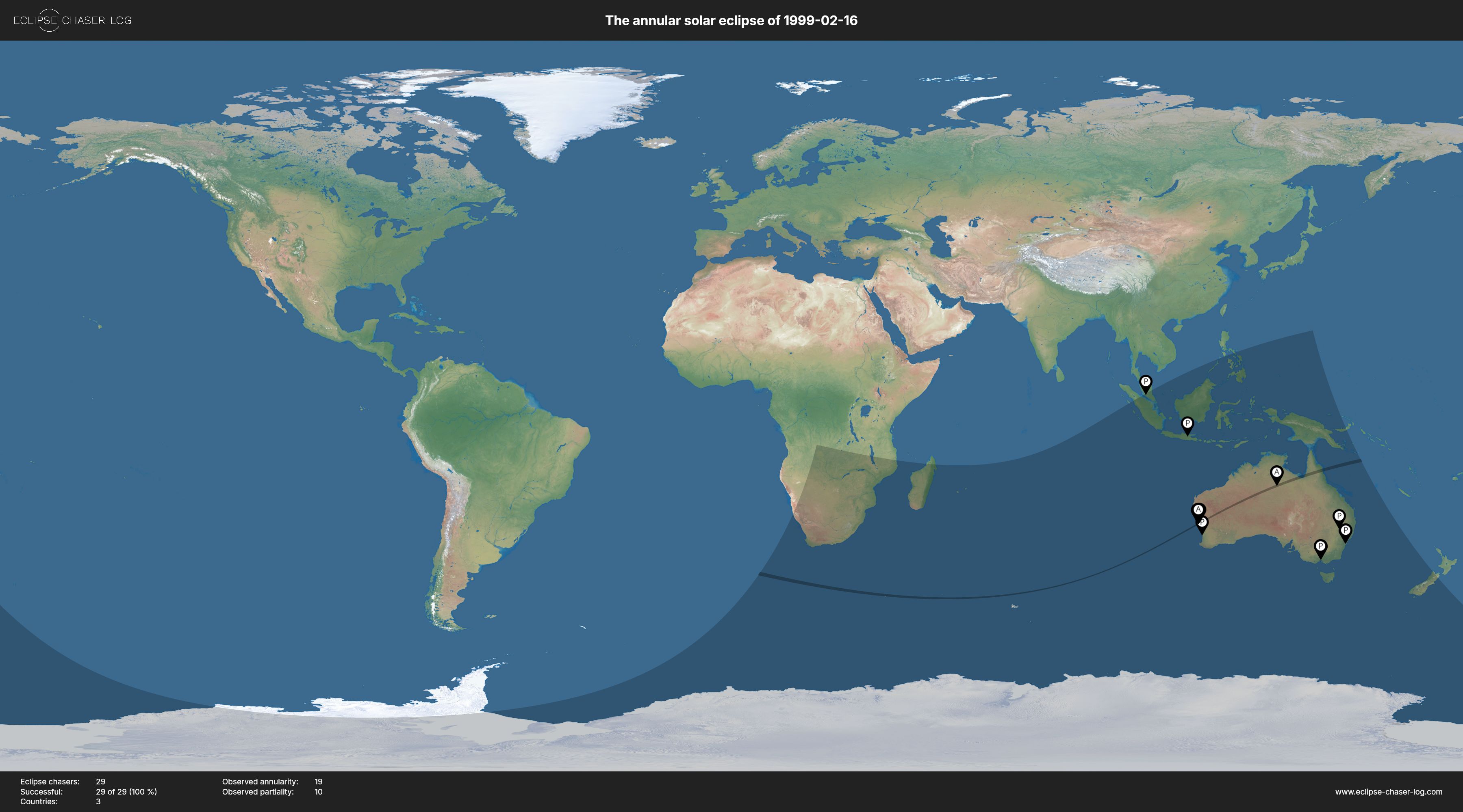 Map of all observers of the solar eclipse of 02/16/1999