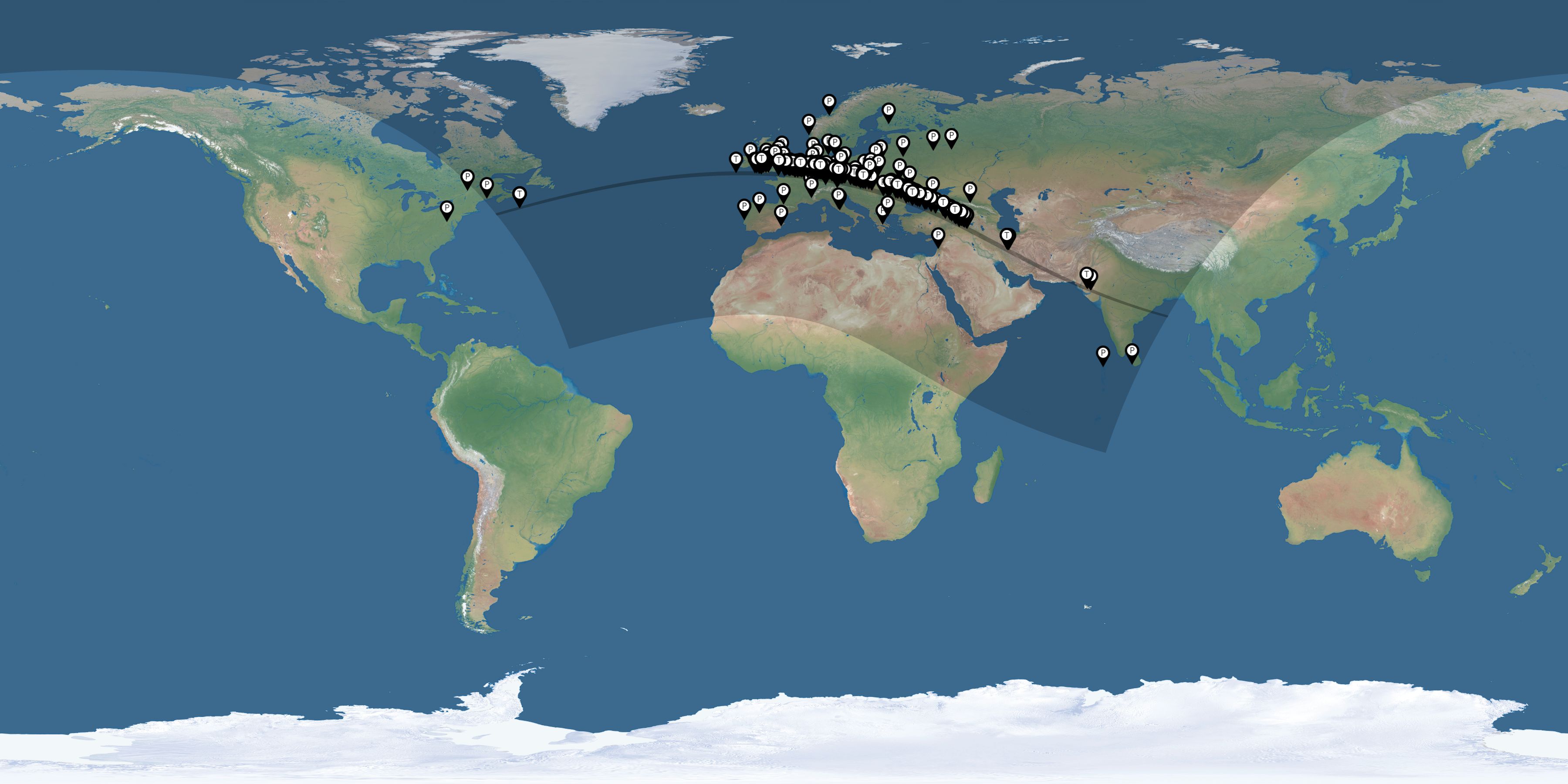 Map of all observers of the solar eclipse of 08/11/1999