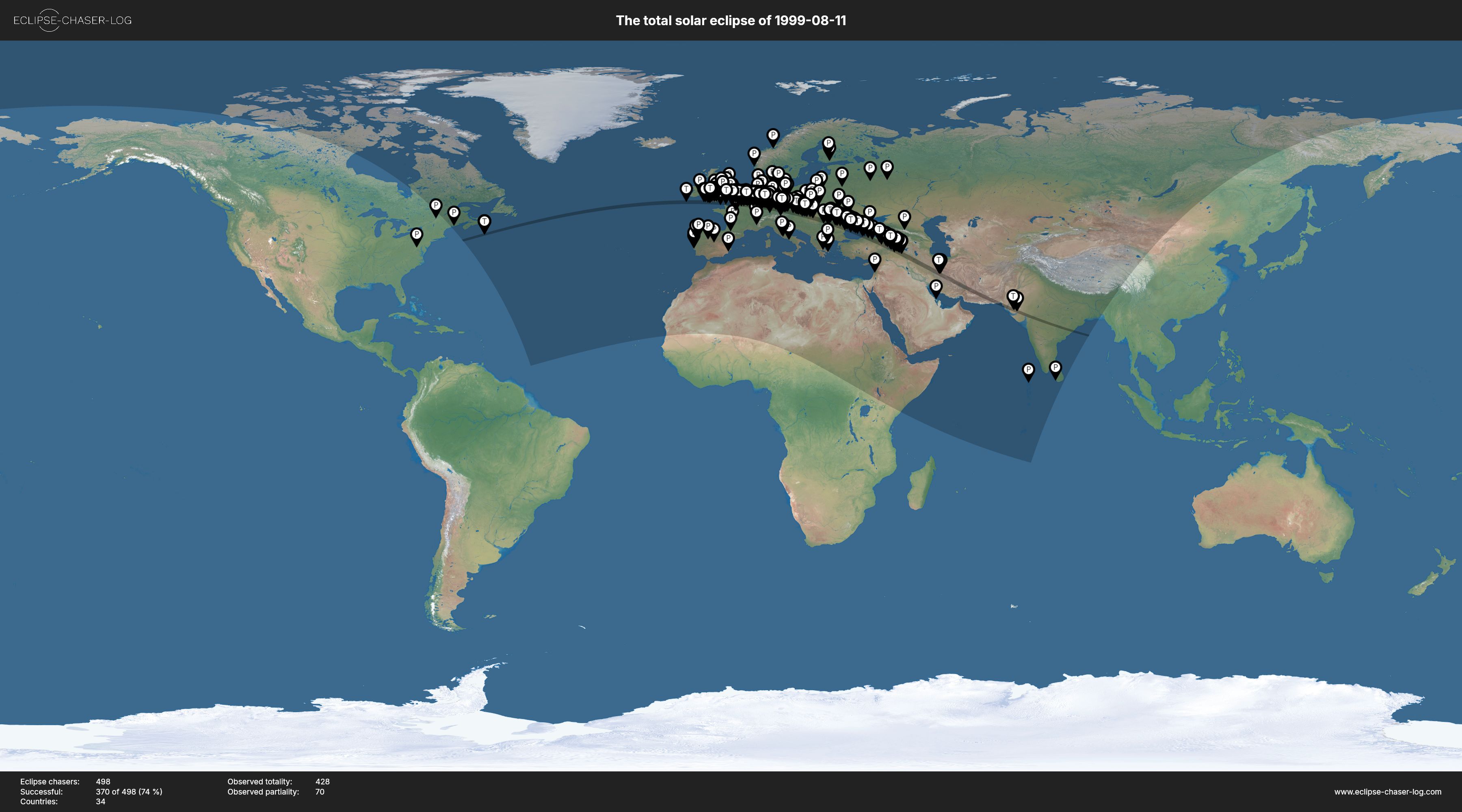 Map of all observers of the solar eclipse of 08/11/1999