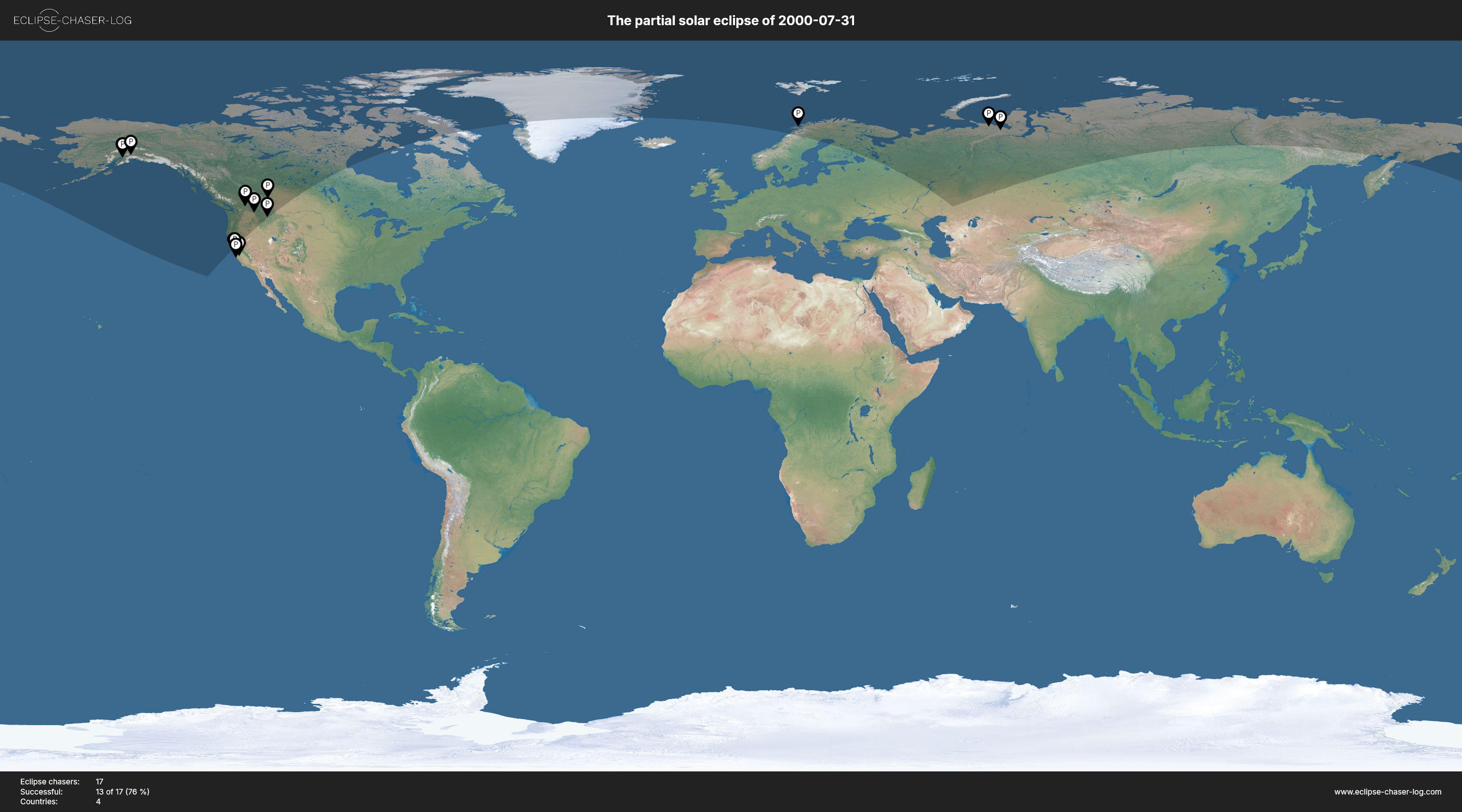Map of all observers of the solar eclipse of 07/31/2000
