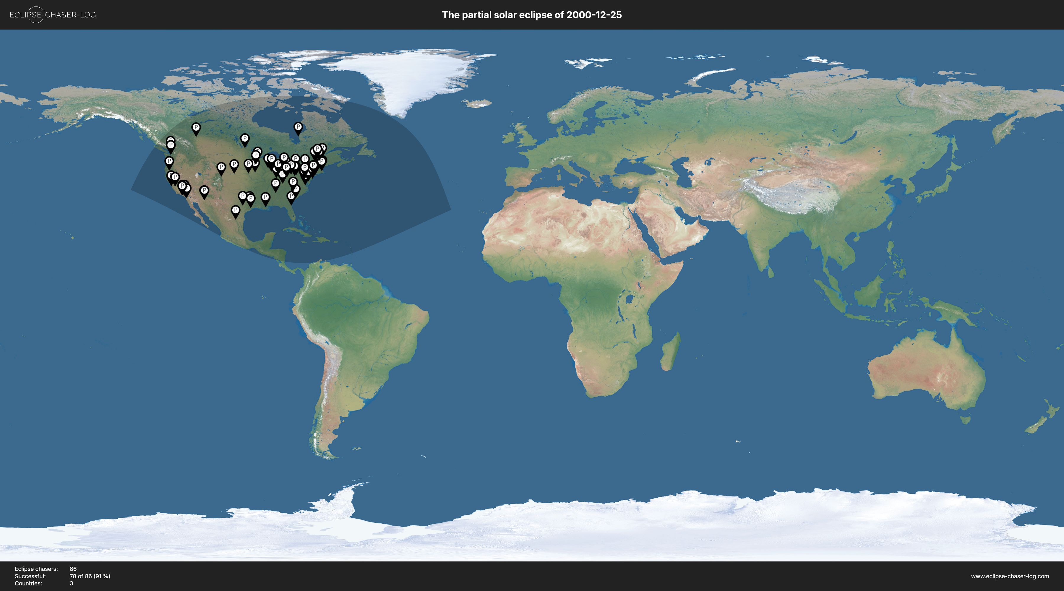 Map of all observers of the solar eclipse of 12/25/2000