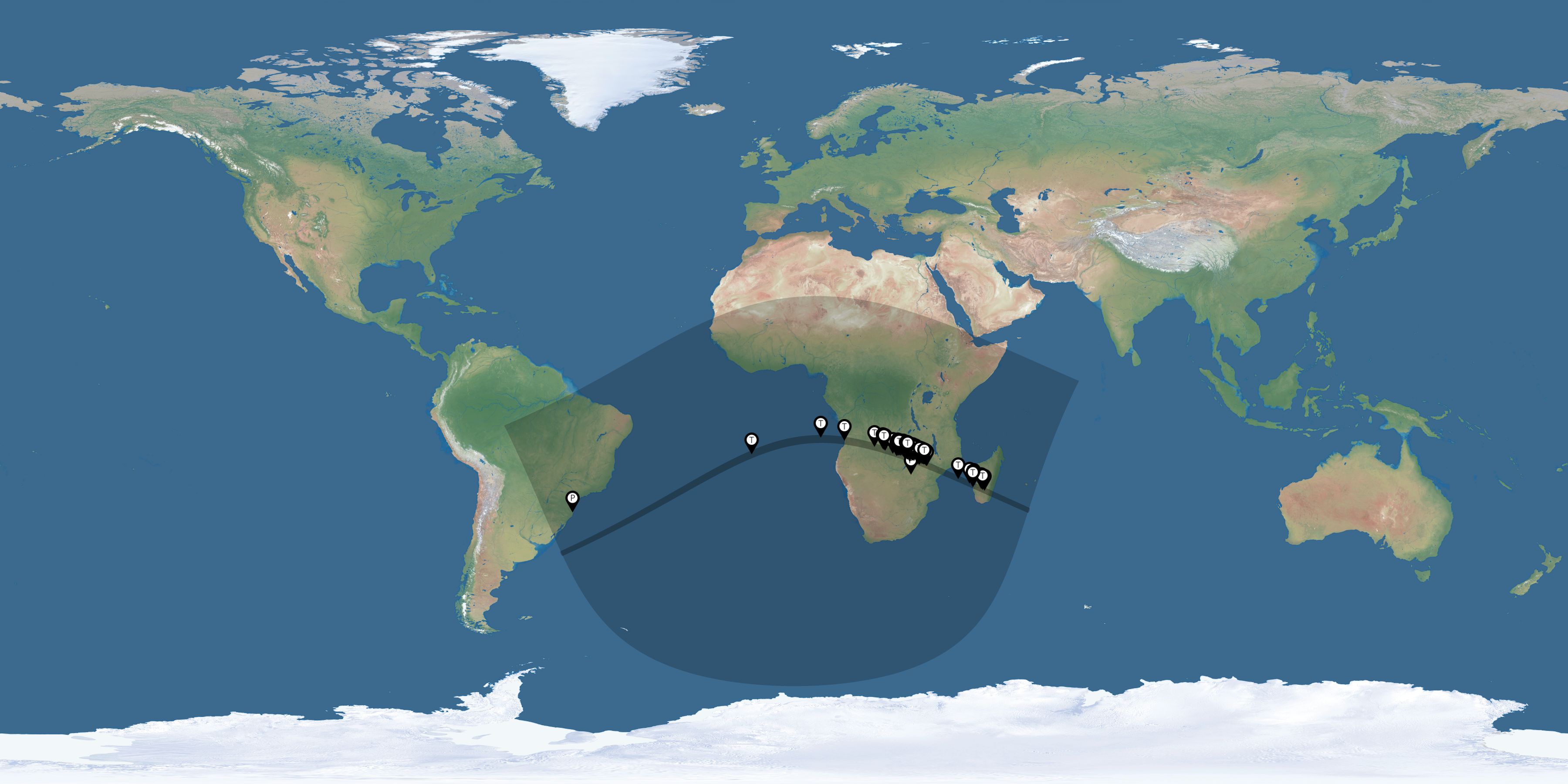 Map of all observers of the solar eclipse of 06/21/2001