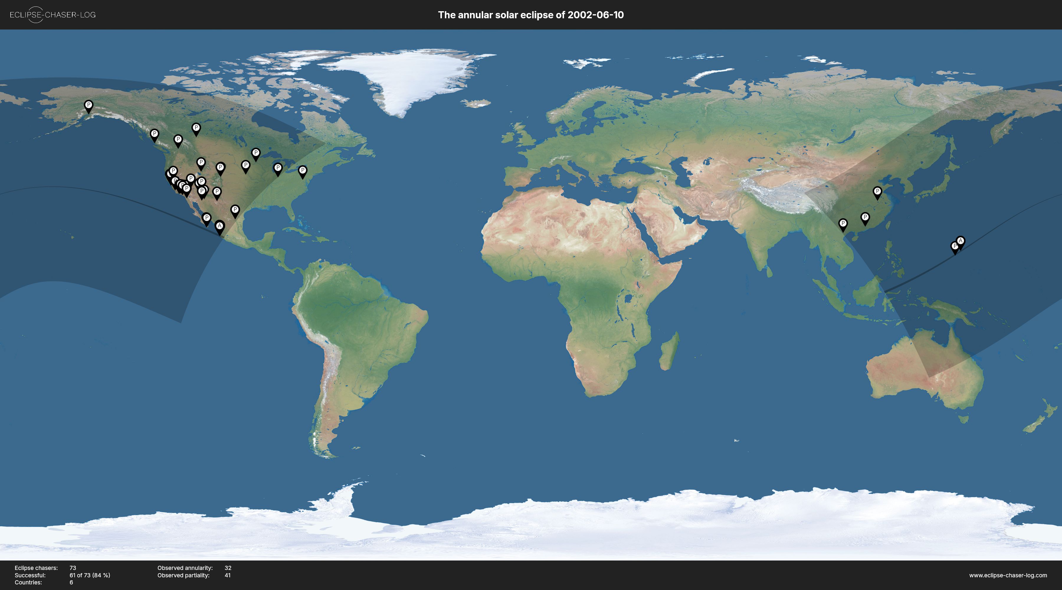 Map of all observers of the solar eclipse of 06/10/2002