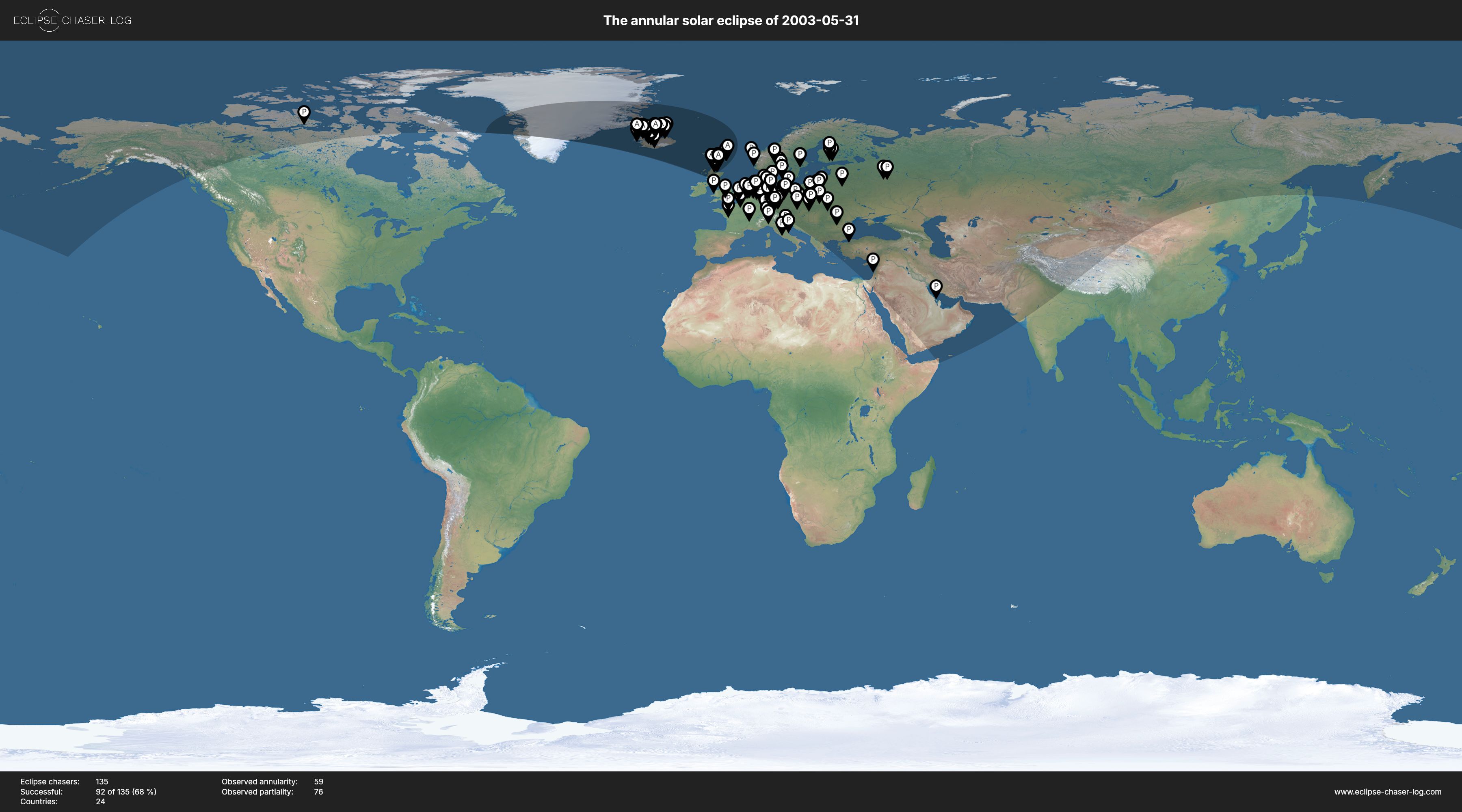 Map of all observers of the solar eclipse of 05/31/2003
