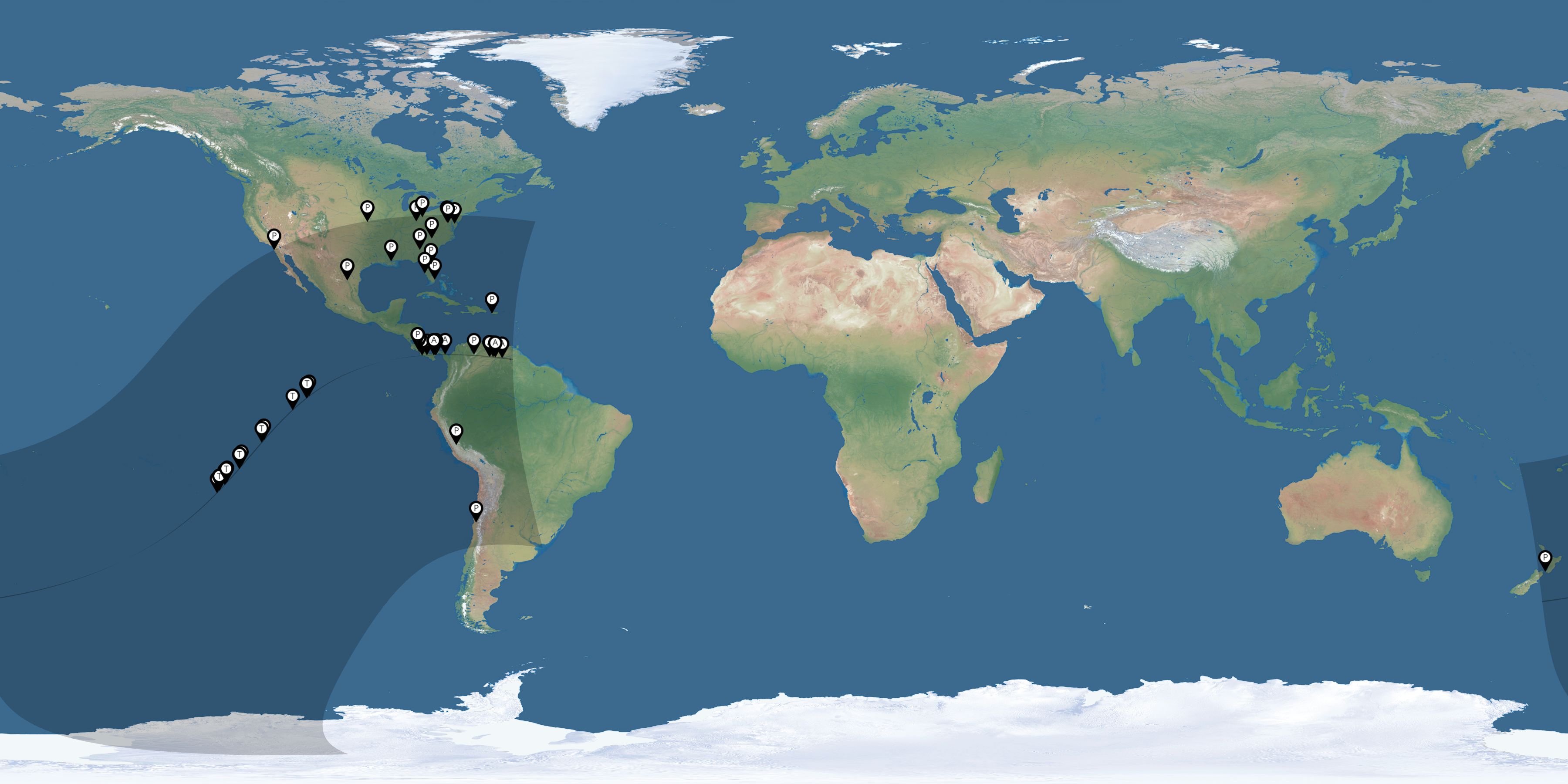 Map of all observers of the solar eclipse of 04/08/2005