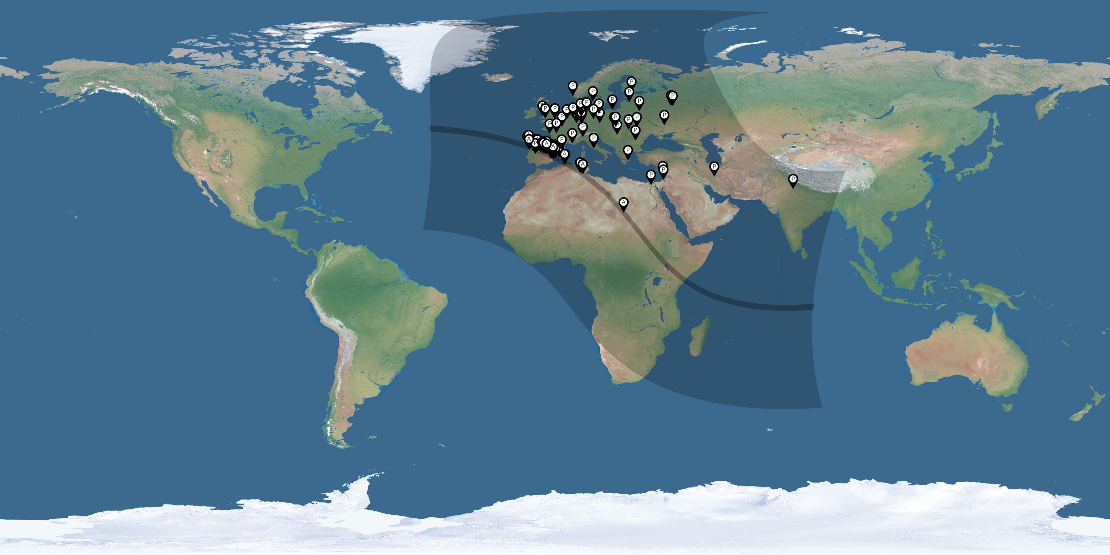 Map of all observers of the solar eclipse of 10/03/2005
