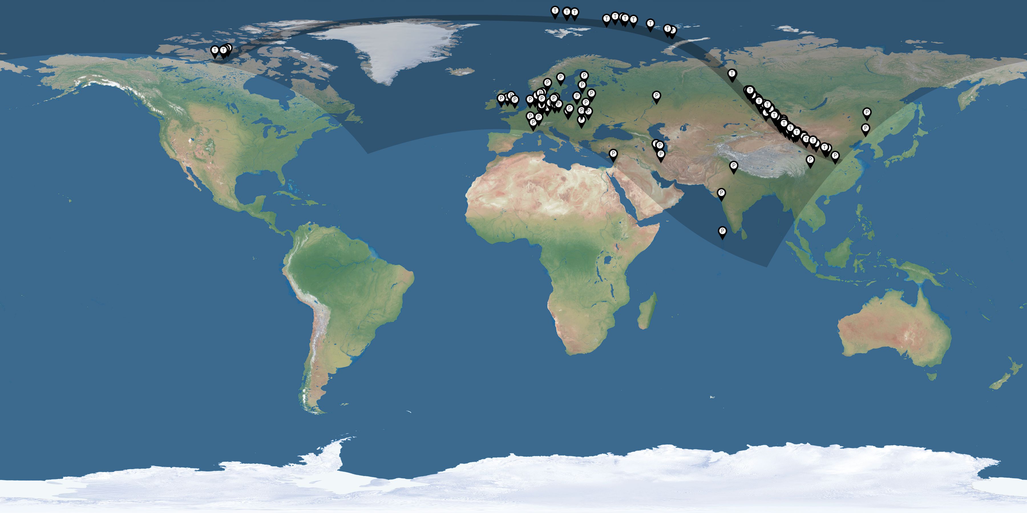 Map of all observers of the solar eclipse of 08/01/2008