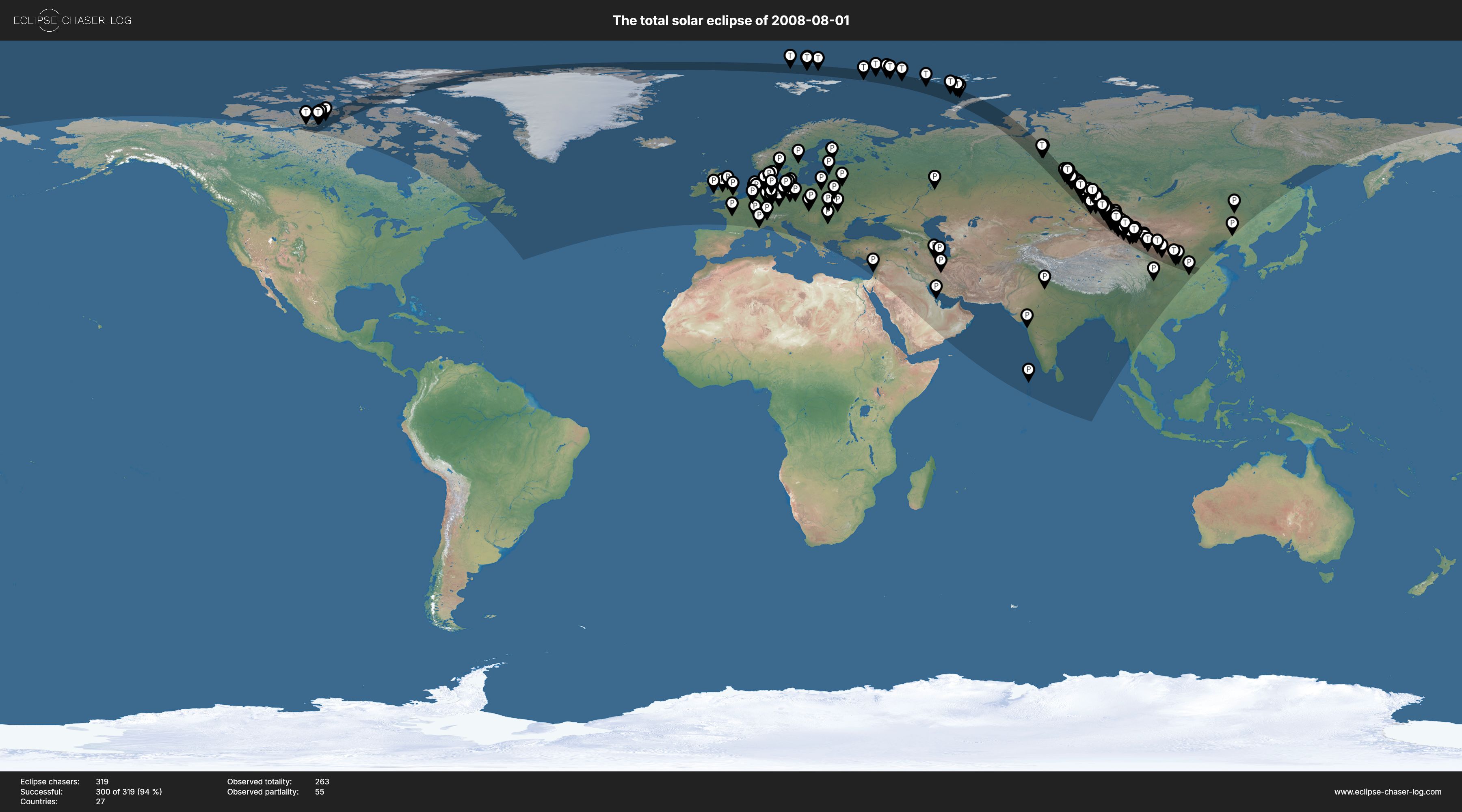 Map of all observers of the solar eclipse of 08/01/2008