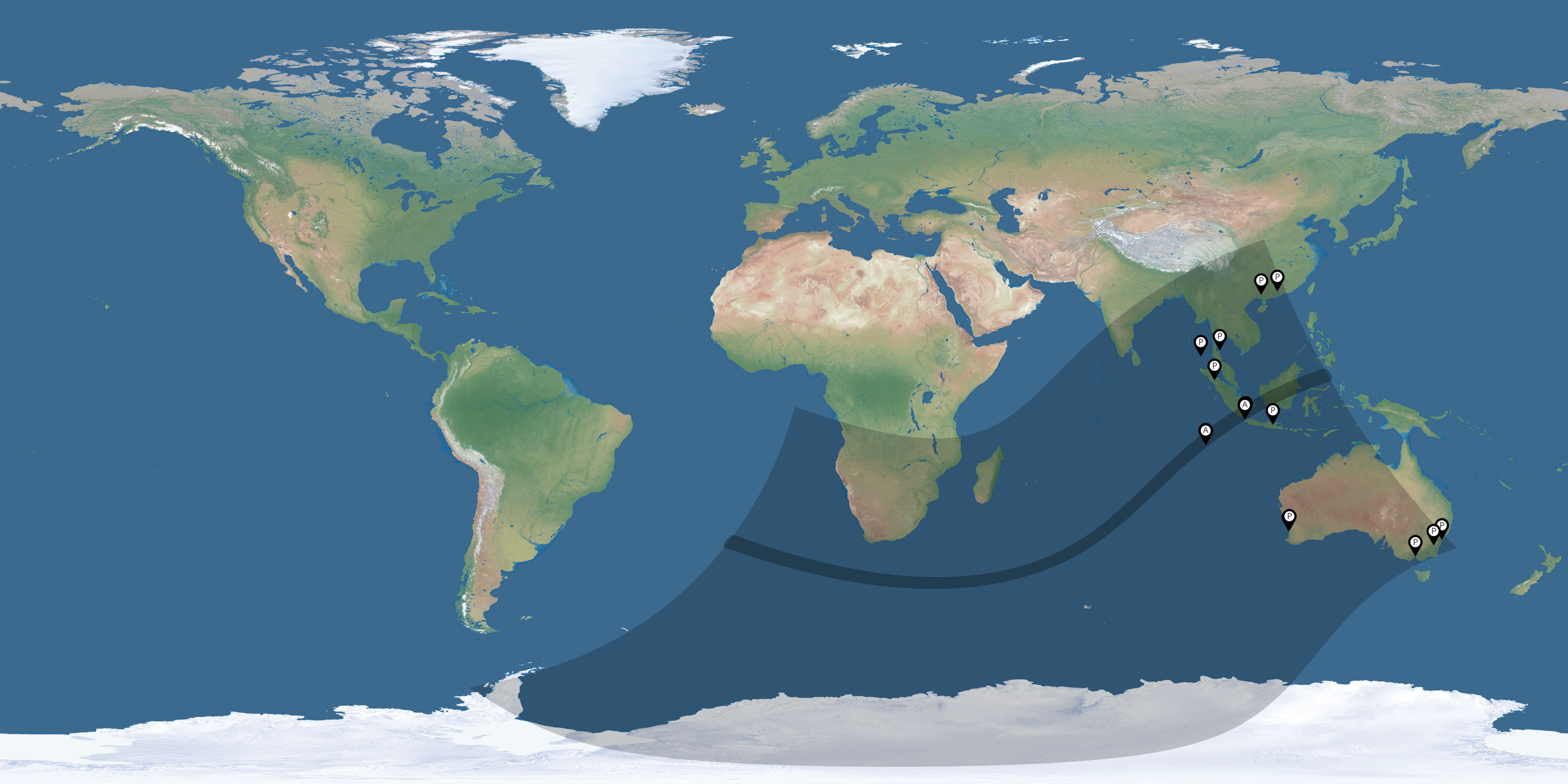 Map of all observers of the solar eclipse of 01/26/2009
