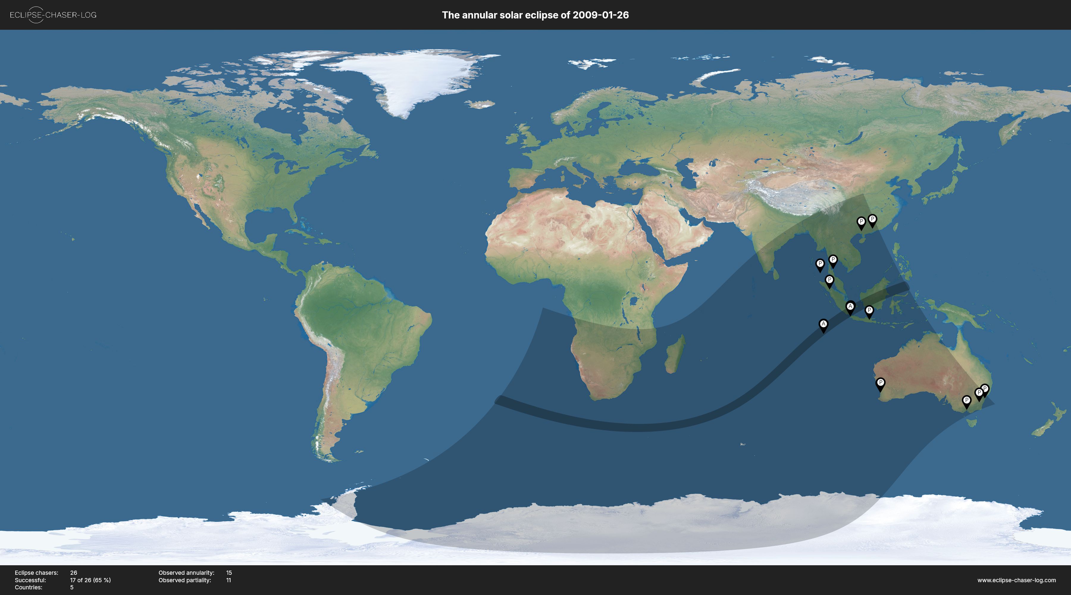 Map of all observers of the solar eclipse of 01/26/2009