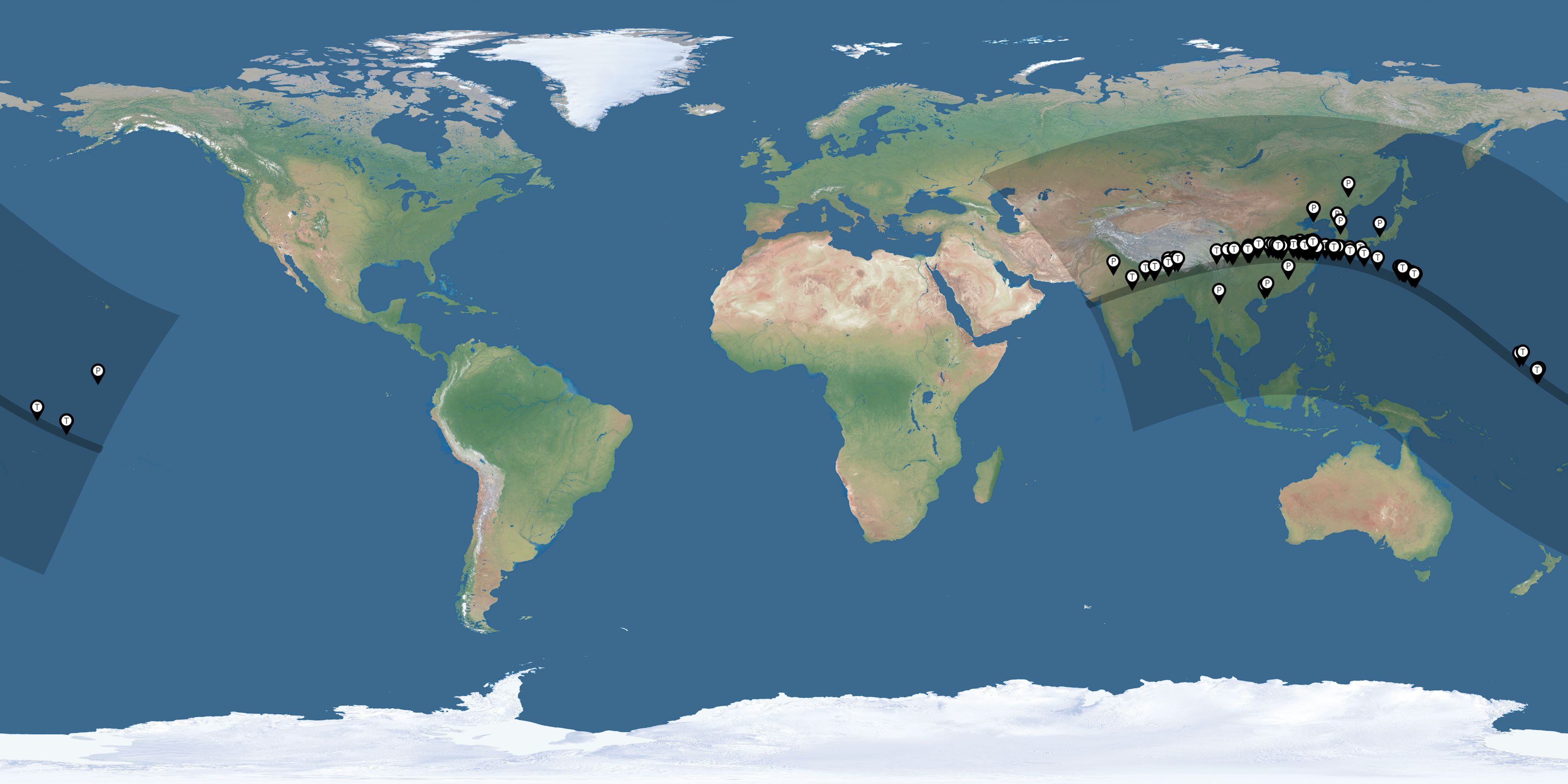 Map of all observers of the solar eclipse of 07/22/2009