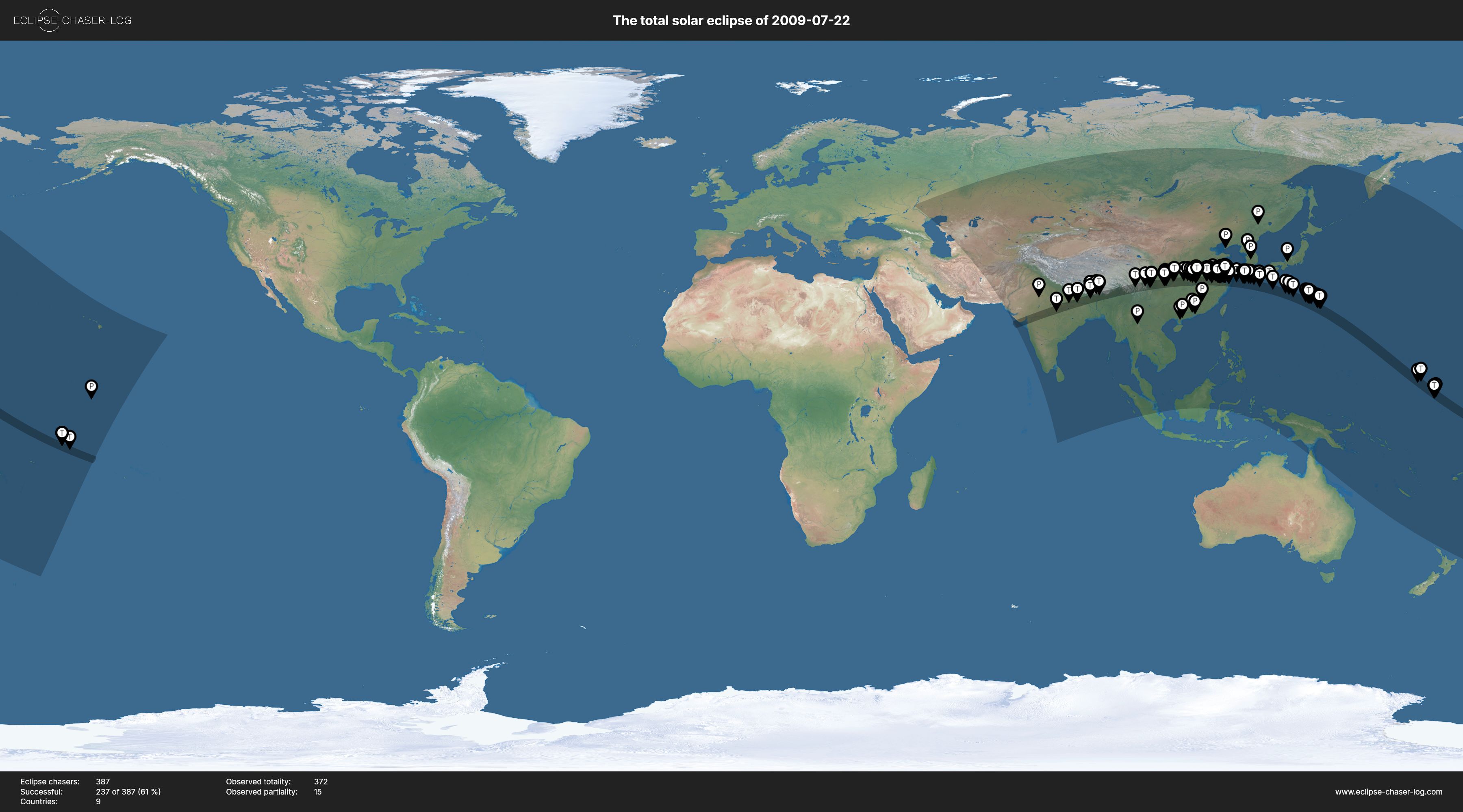 Map of all observers of the solar eclipse of 07/22/2009