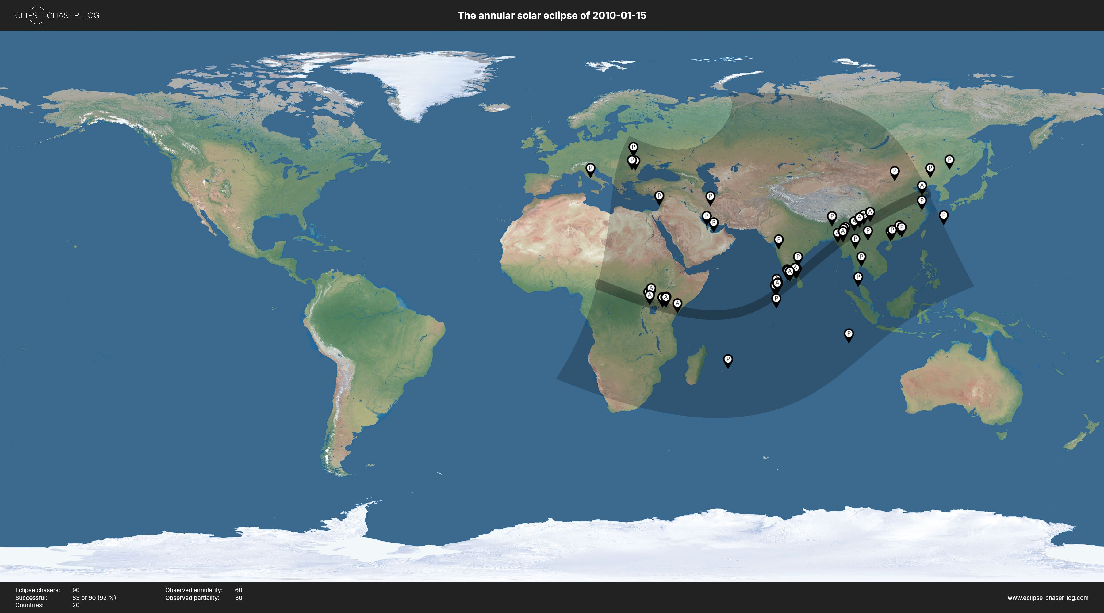 Map of all observers of the solar eclipse of 01/15/2010