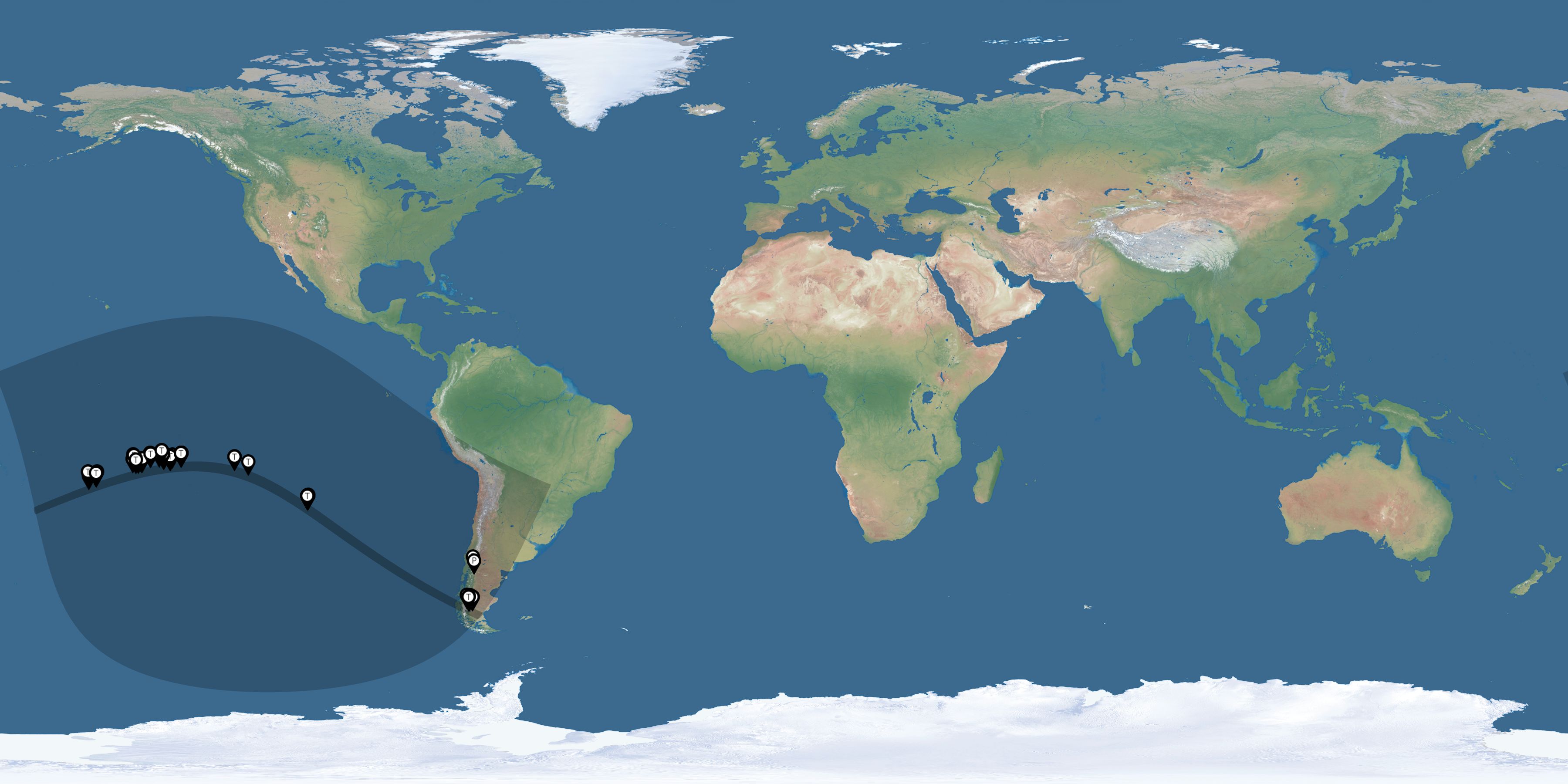 Map of all observers of the solar eclipse of 07/11/2010