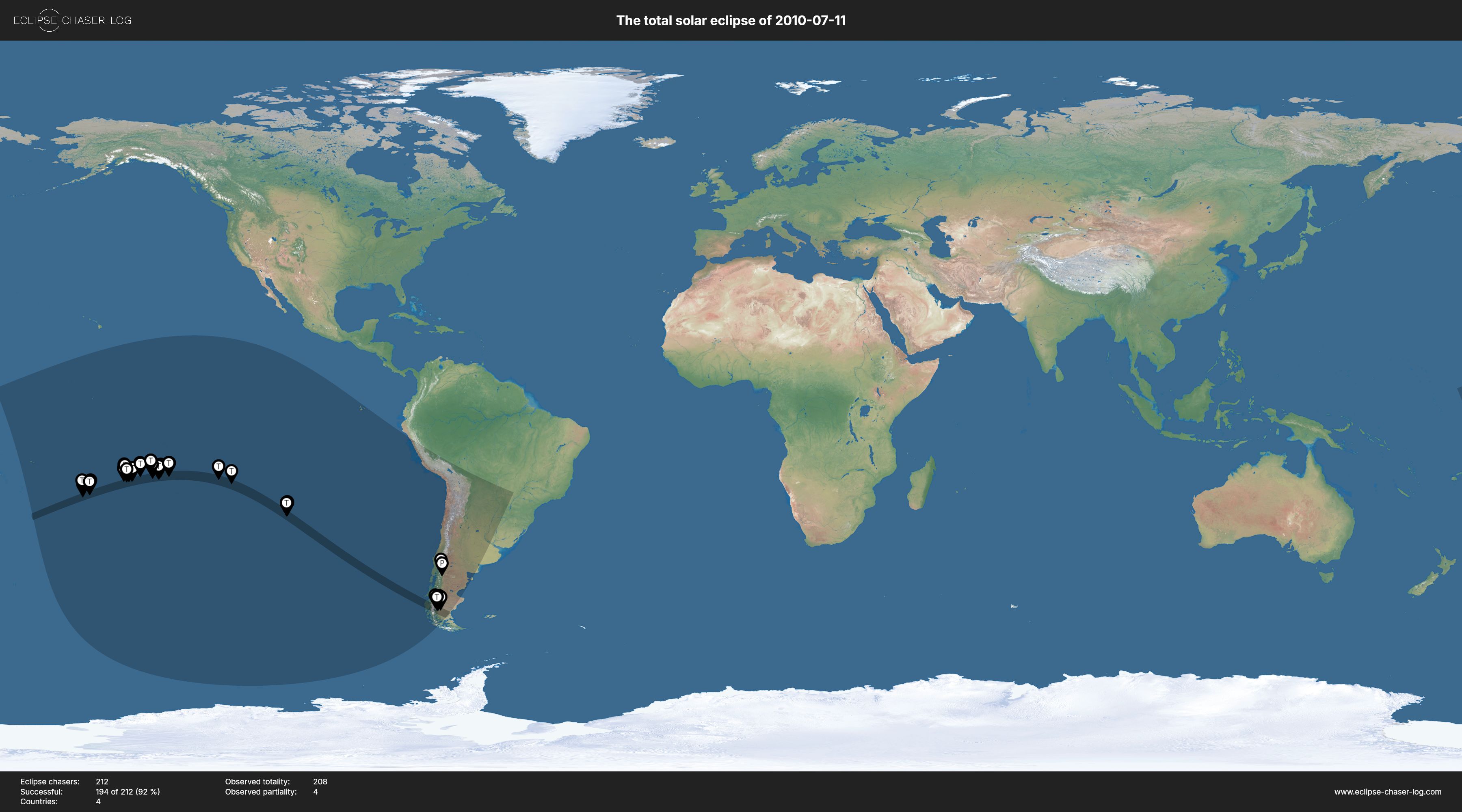 Map of all observers of the solar eclipse of 07/11/2010