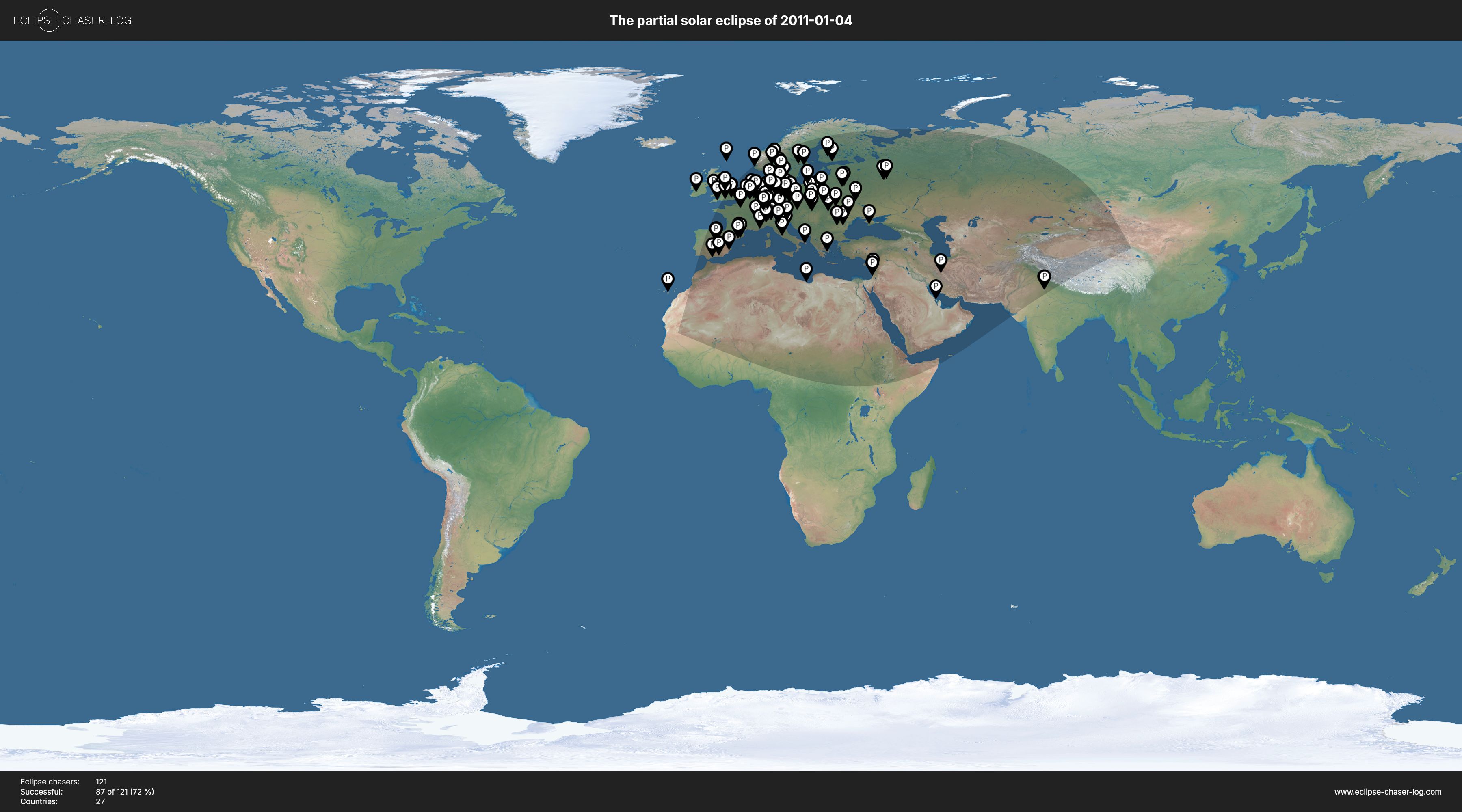 Map of all observers of the solar eclipse of 01/04/2011