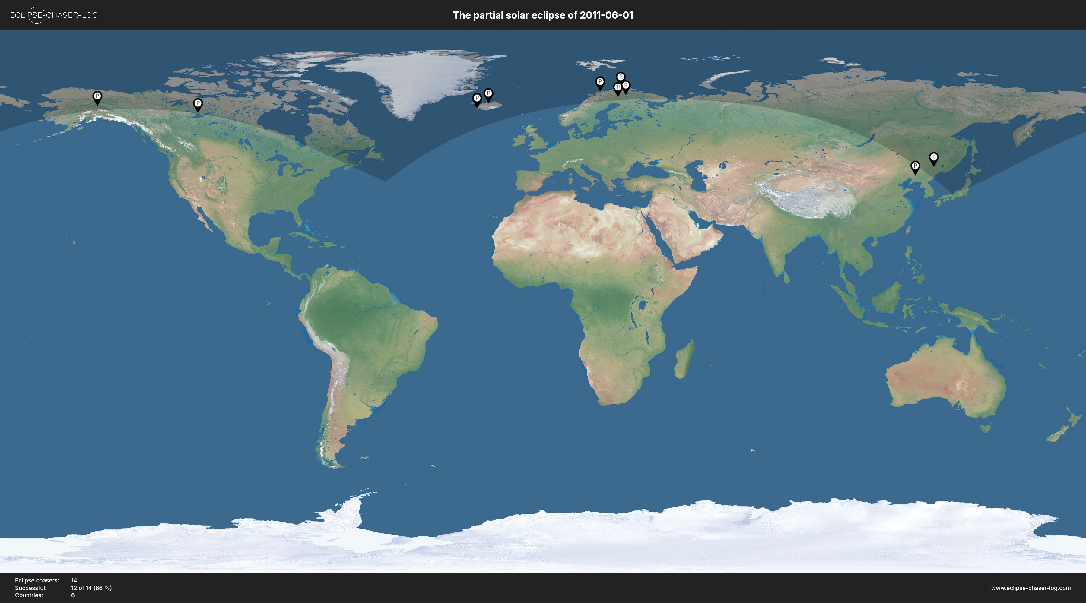 Map of all observers of the solar eclipse of 06/01/2011