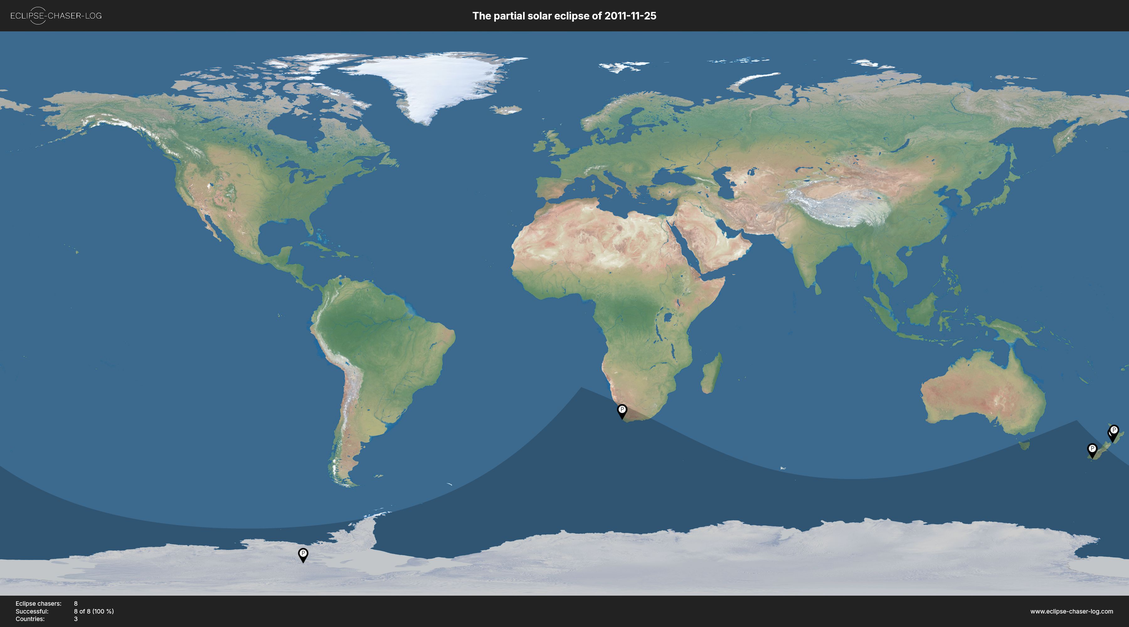 Map of all observers of the solar eclipse of 11/25/2011
