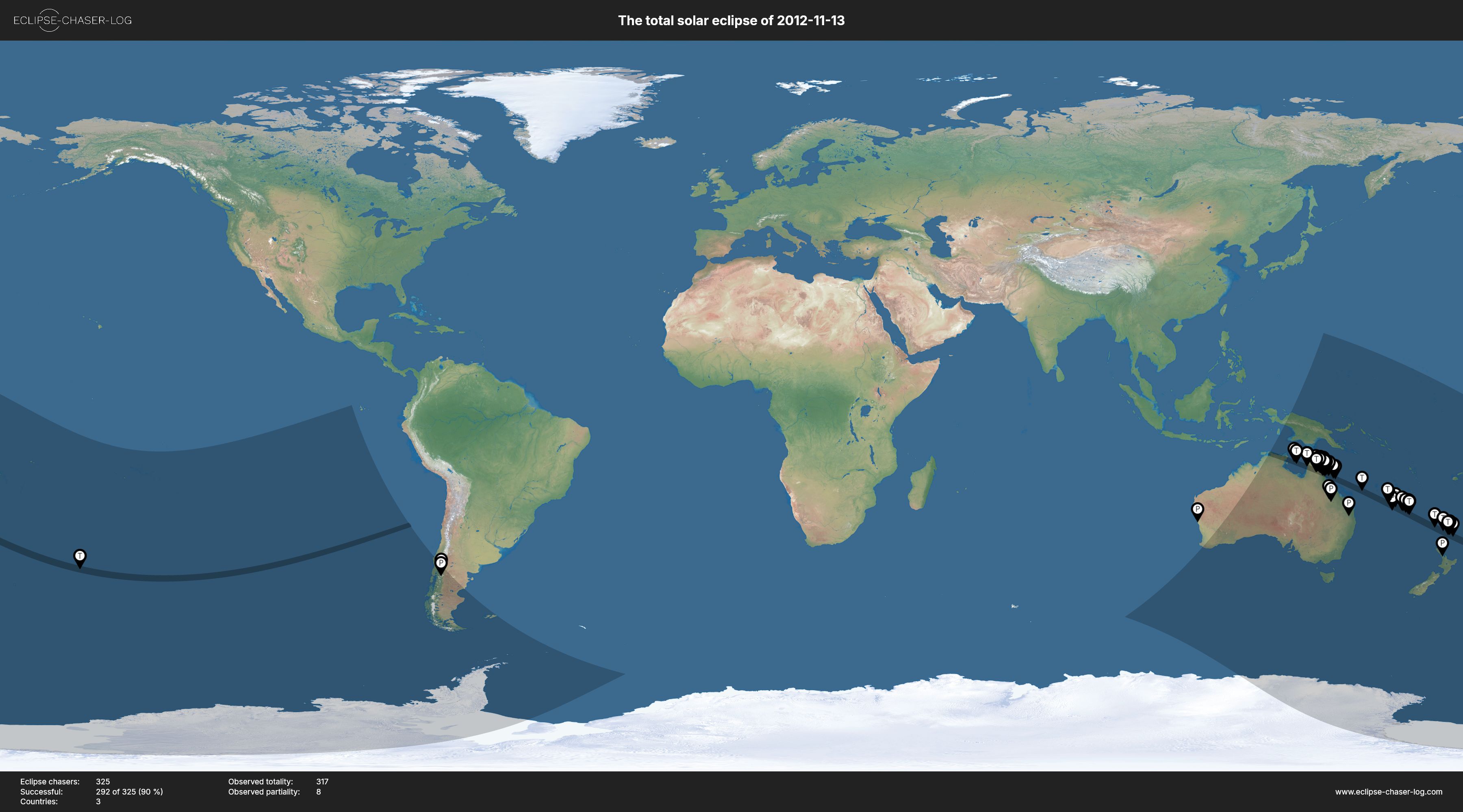 Map of all observers of the solar eclipse of 11/13/2012