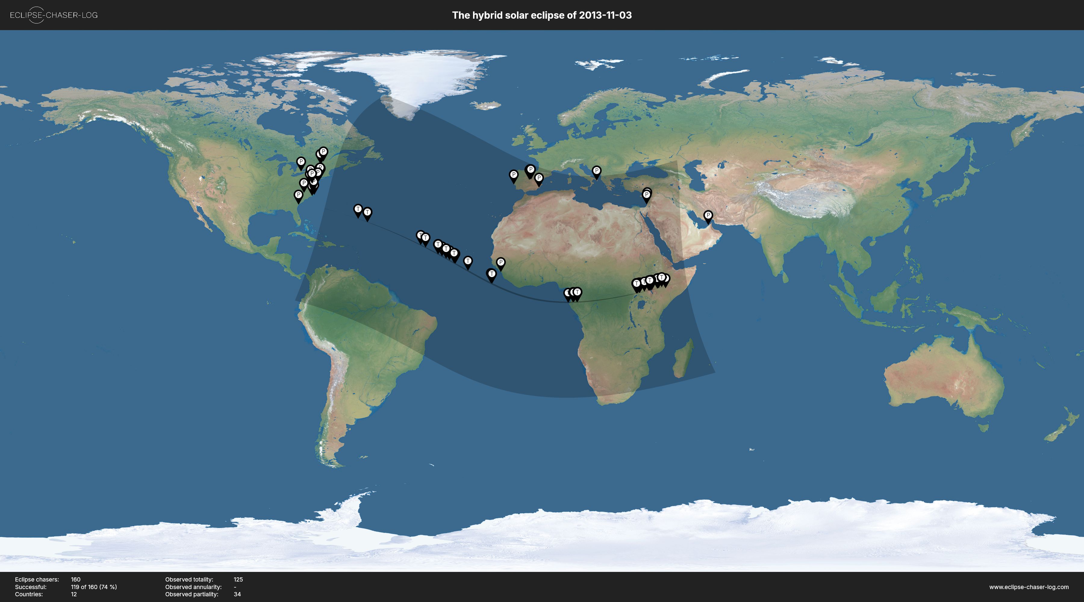 Map of all observers of the solar eclipse of 11/03/2013