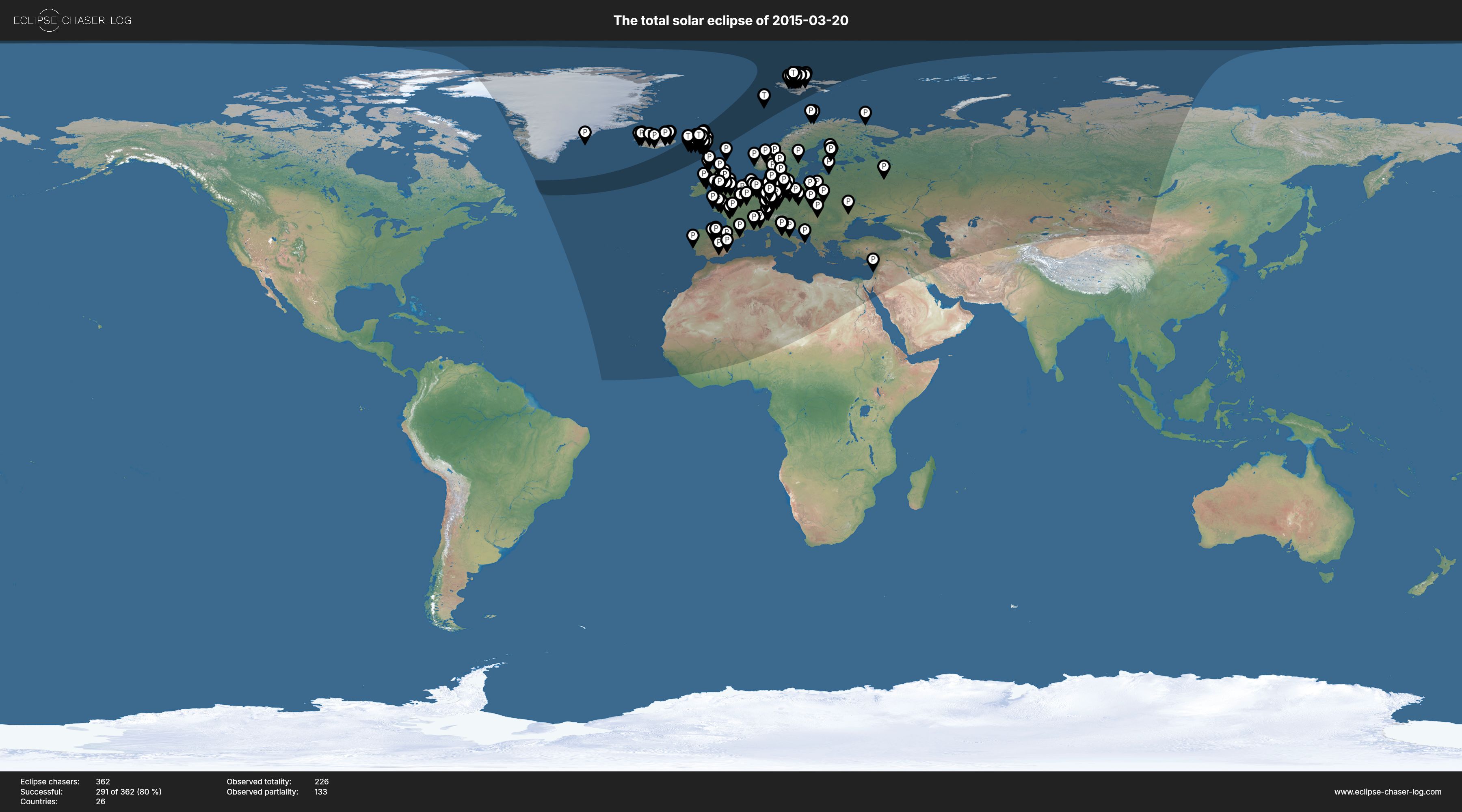 Map of all observers of the solar eclipse of 03/20/2015