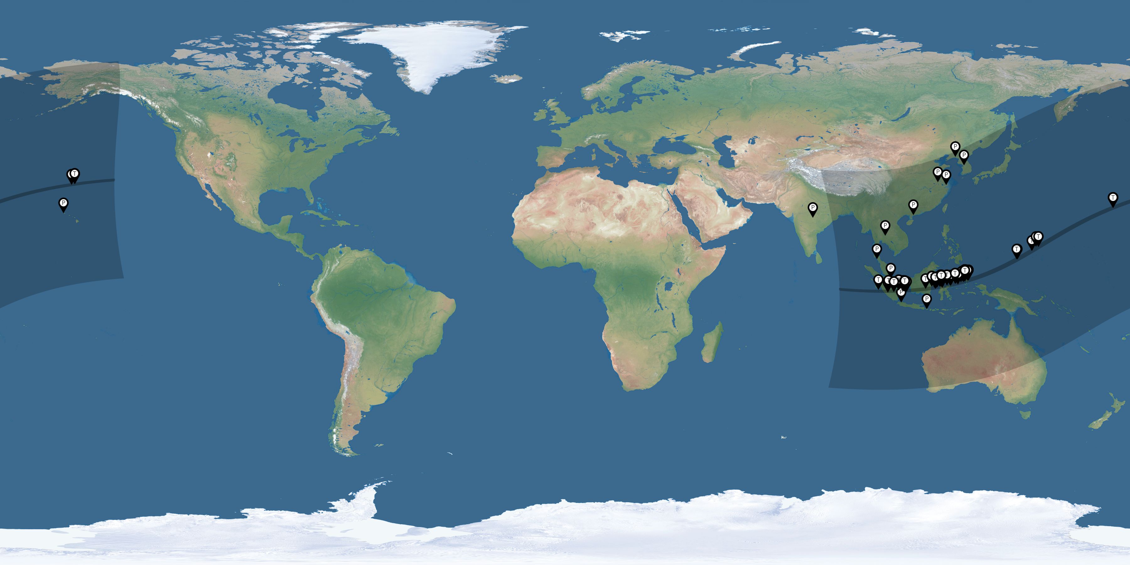 Map of all observers of the solar eclipse of 03/09/2016