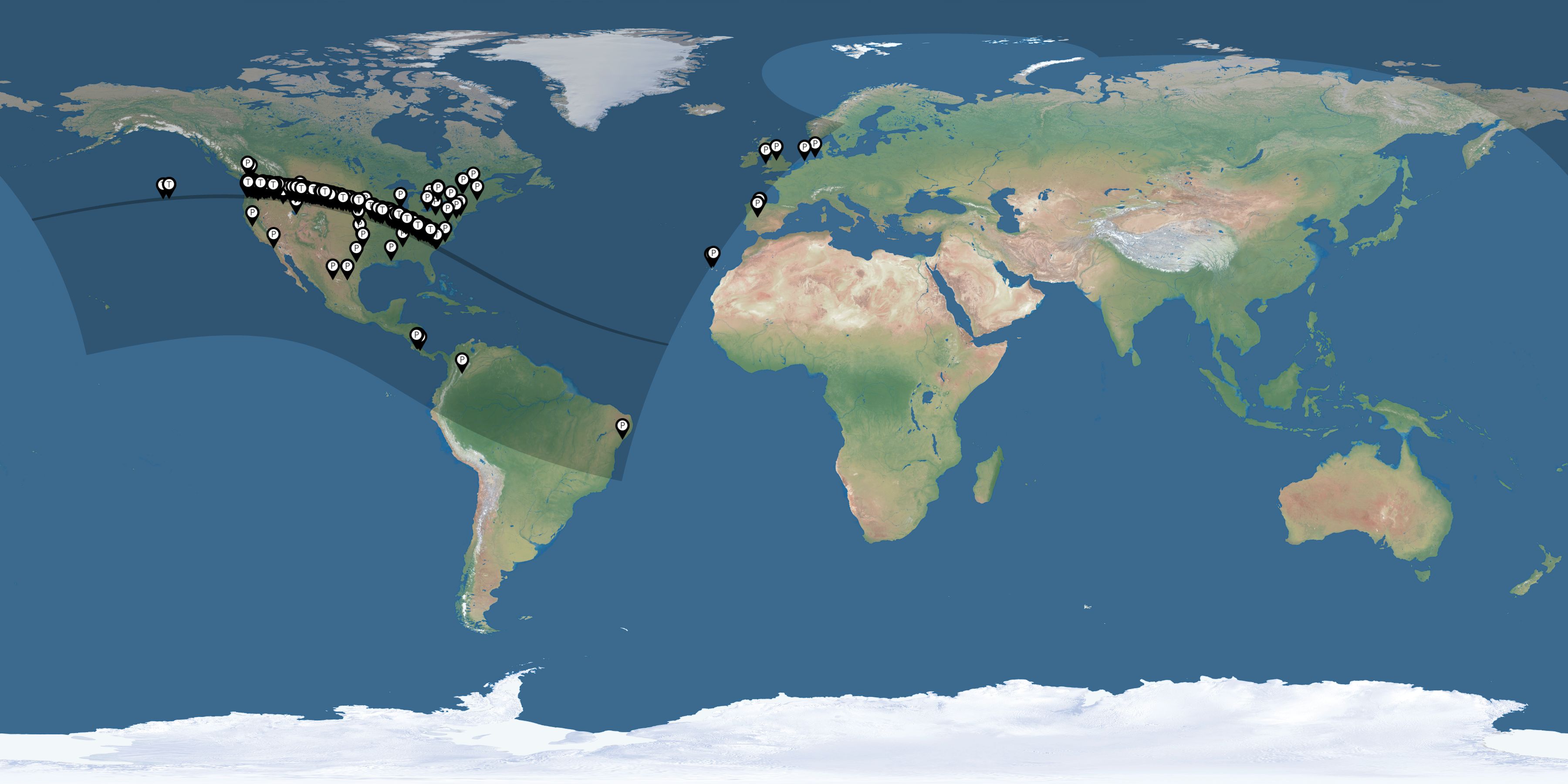 Map of all observers of the solar eclipse of 08/21/2017