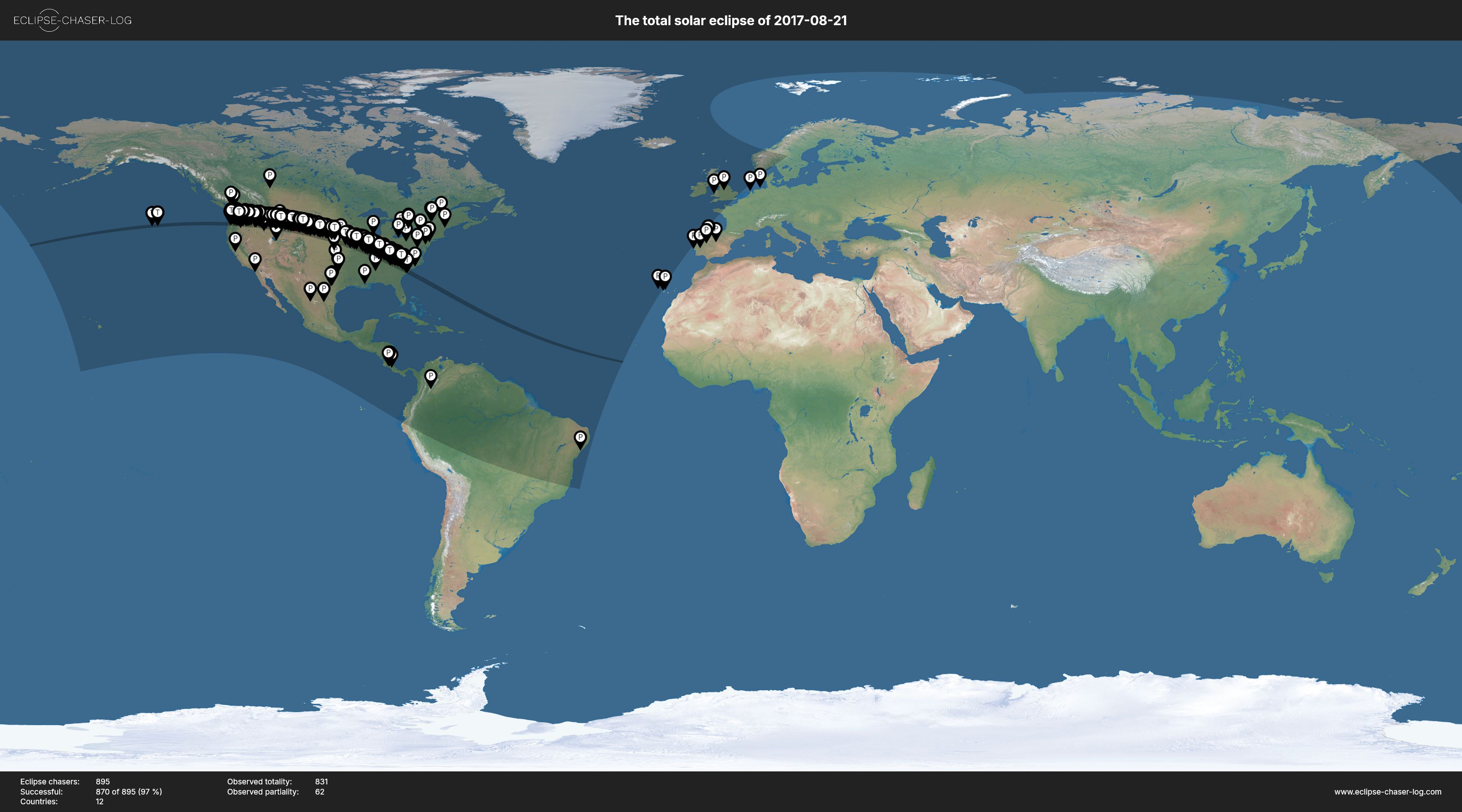 Map of all observers of the solar eclipse of 08/21/2017
