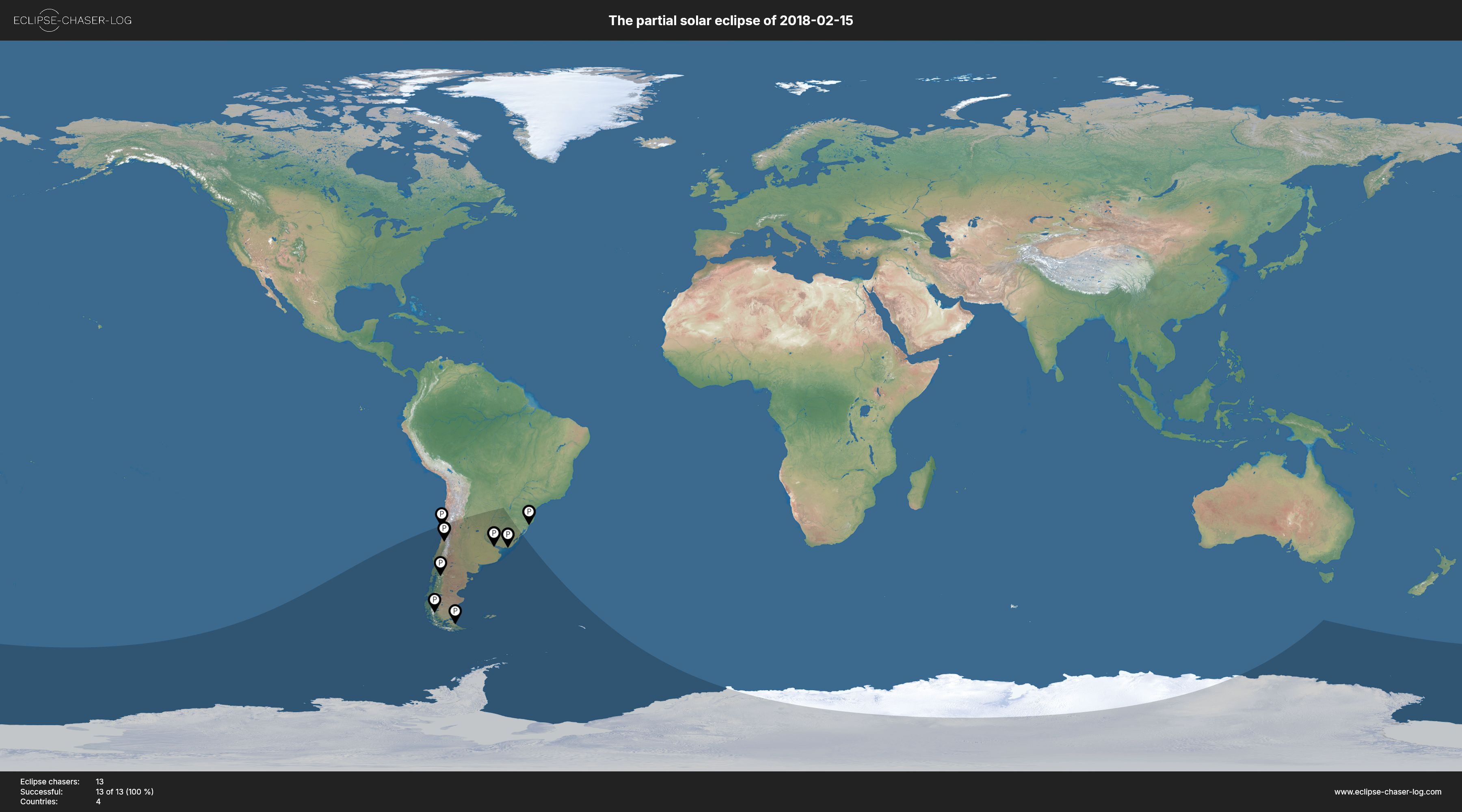 Map of all observers of the solar eclipse of 02/15/2018