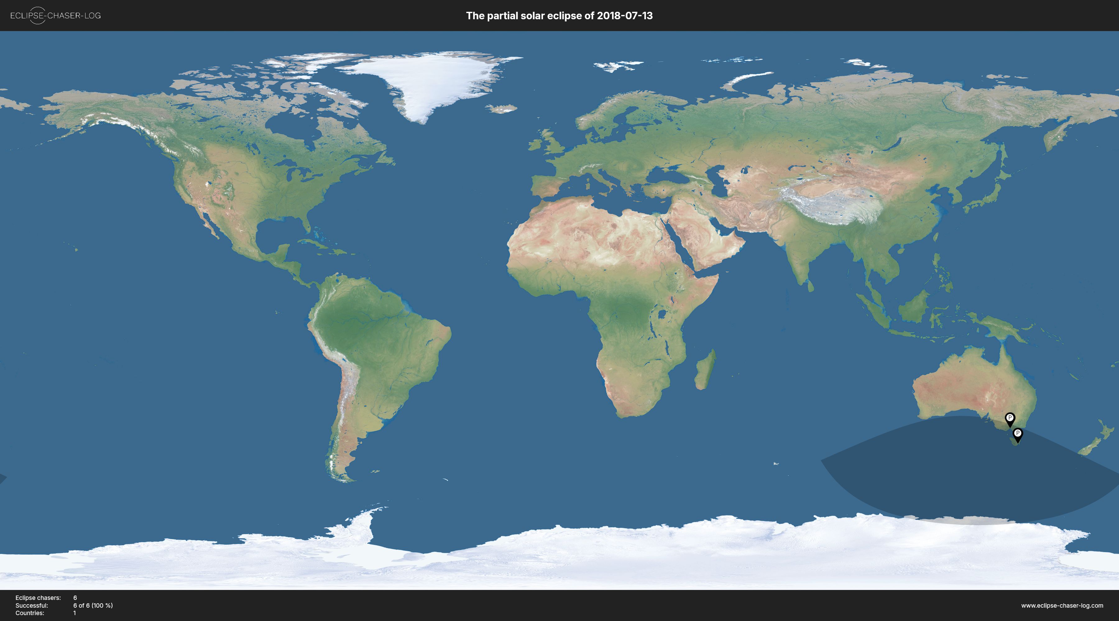 Map of all observers of the solar eclipse of 07/13/2018