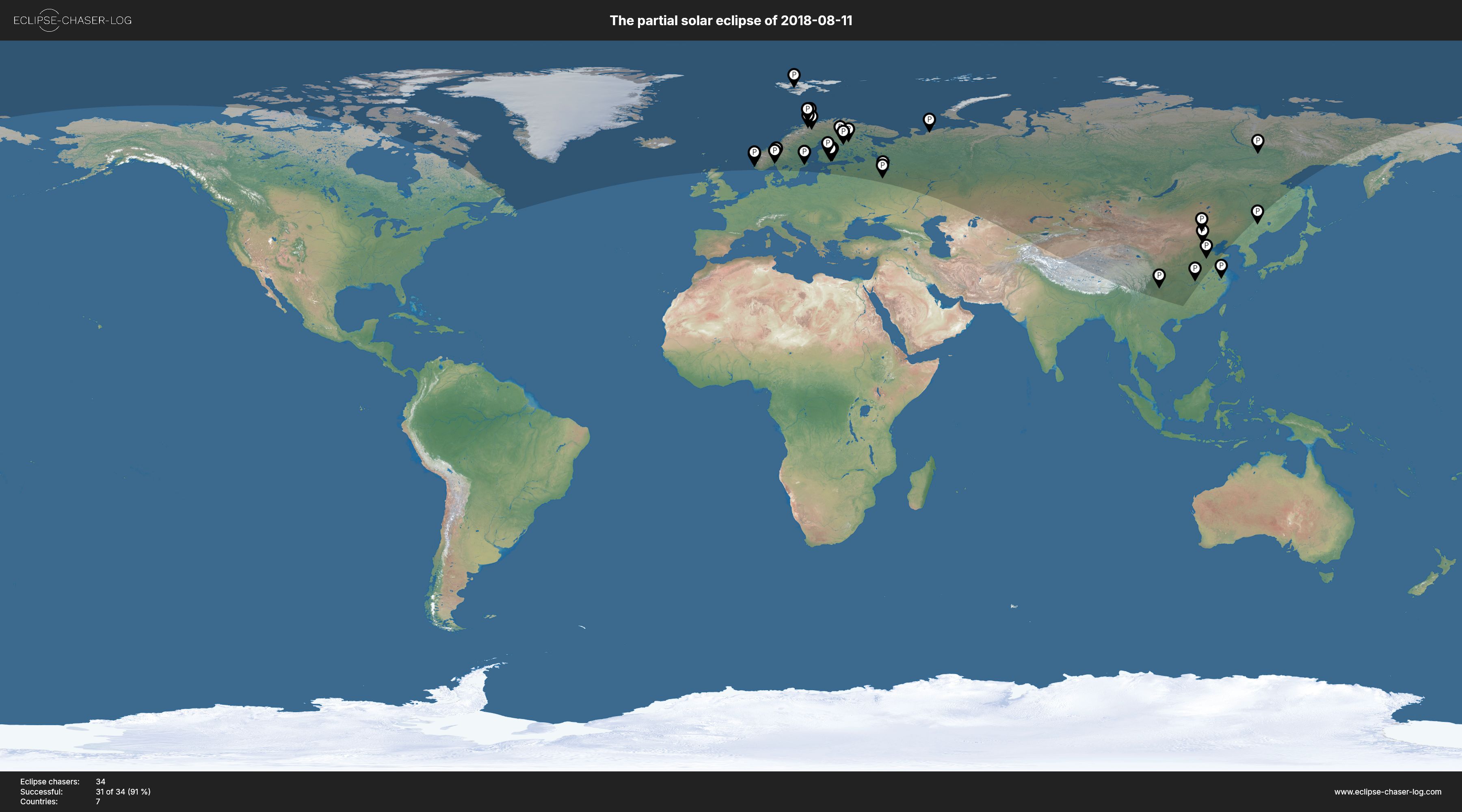 Map of all observers of the solar eclipse of 08/11/2018