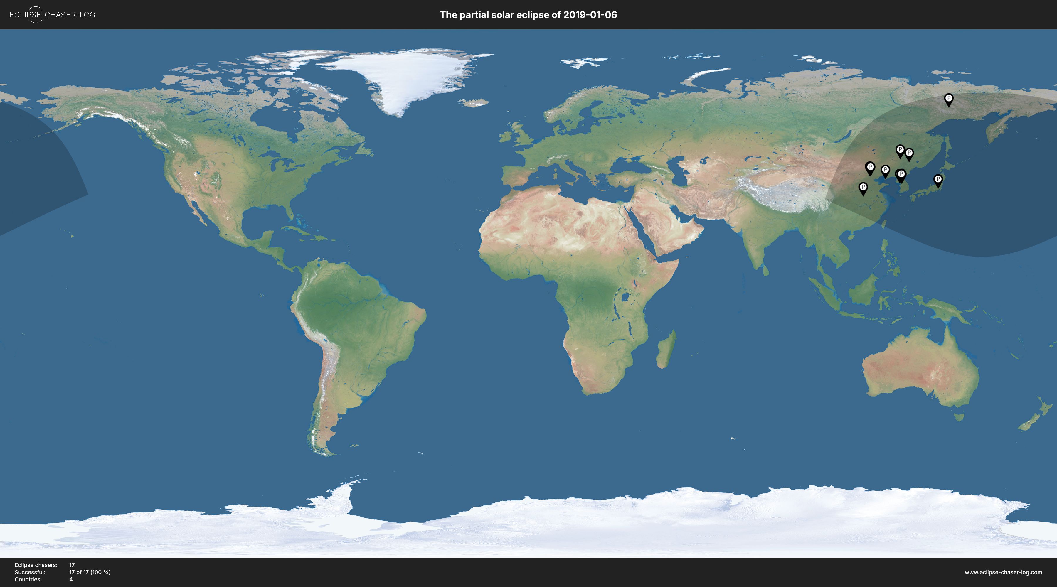 Map of all observers of the solar eclipse of 01/06/2019