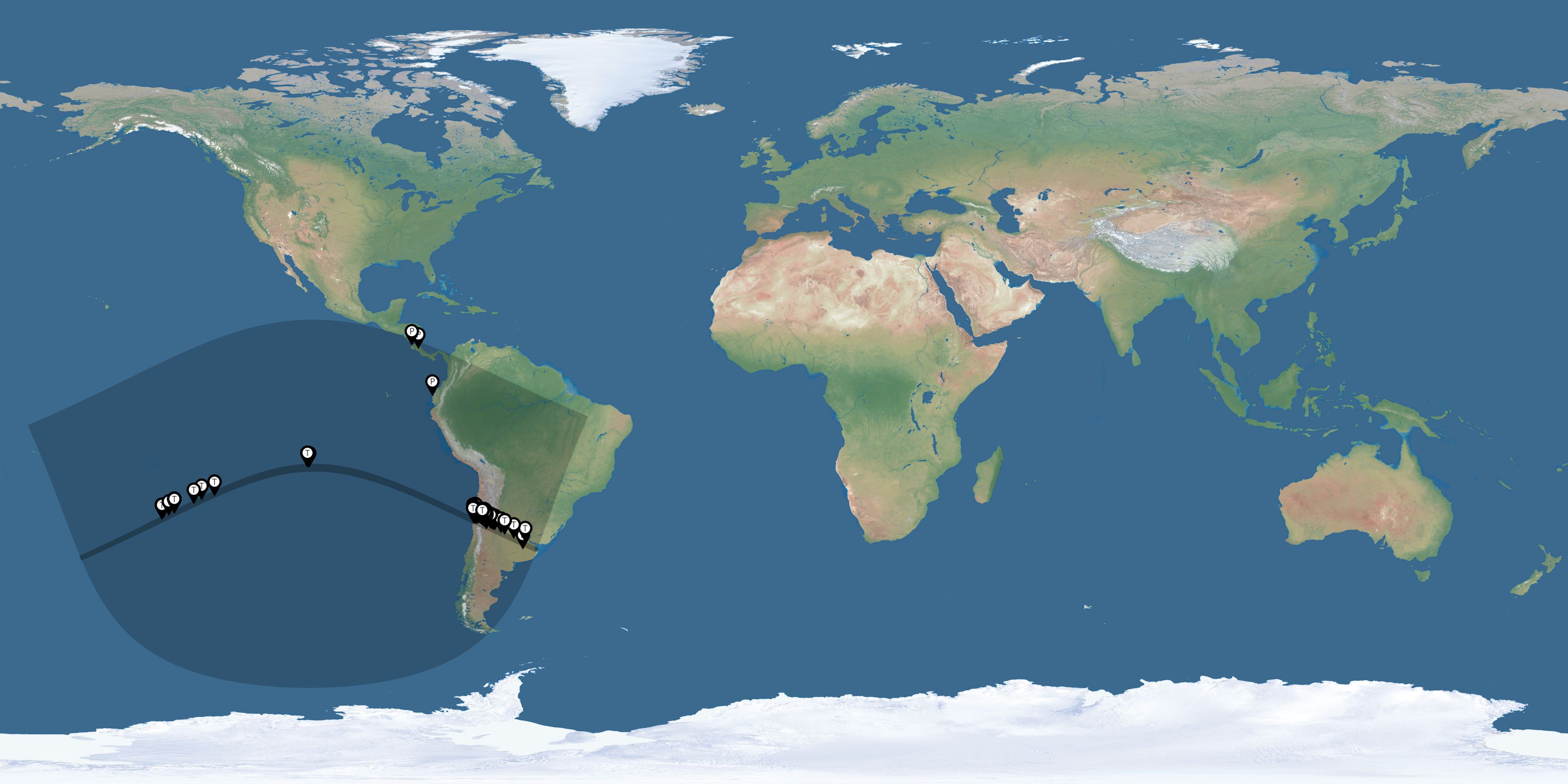Map of all observers of the solar eclipse of 07/02/2019
