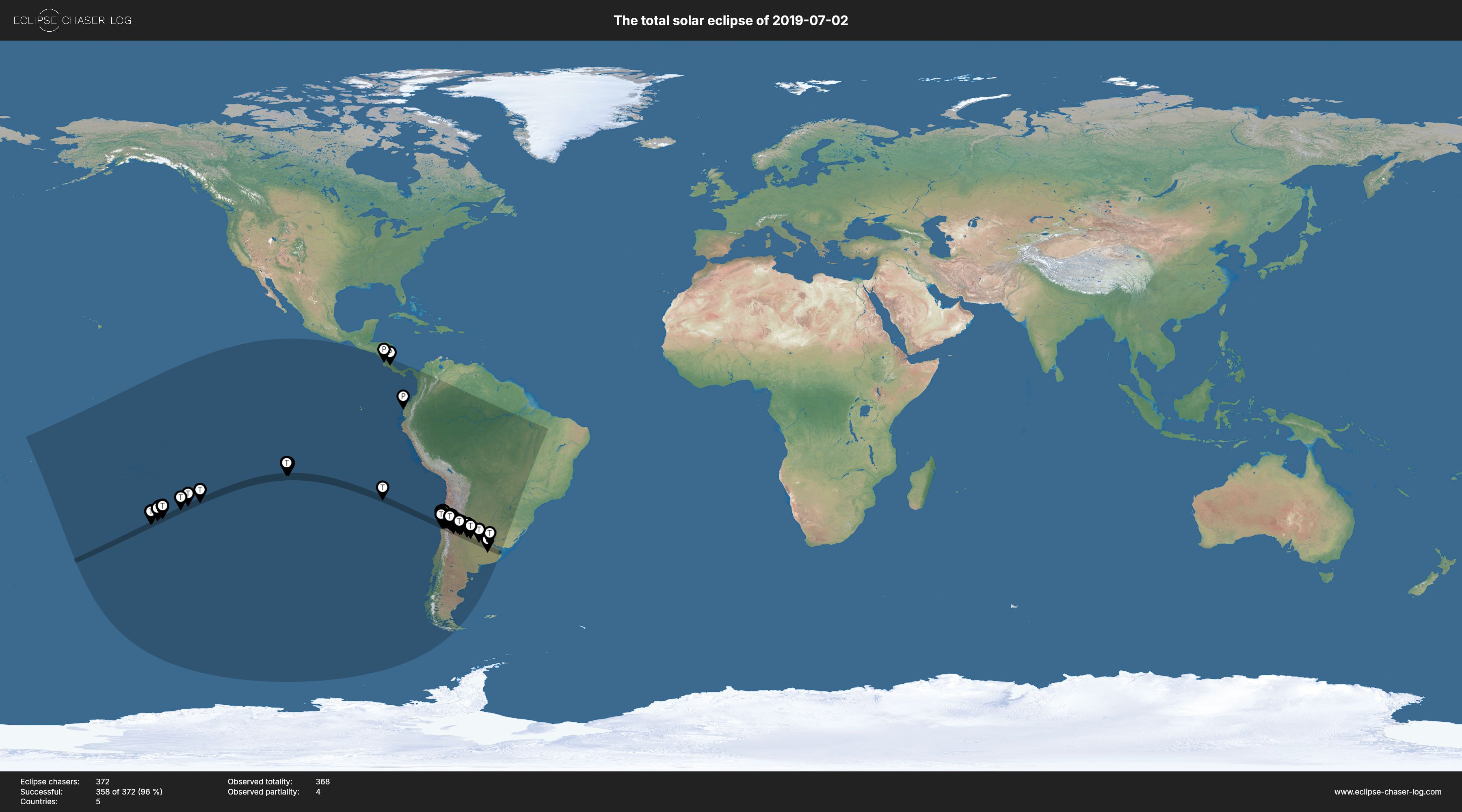 Map of all observers of the solar eclipse of 07/02/2019