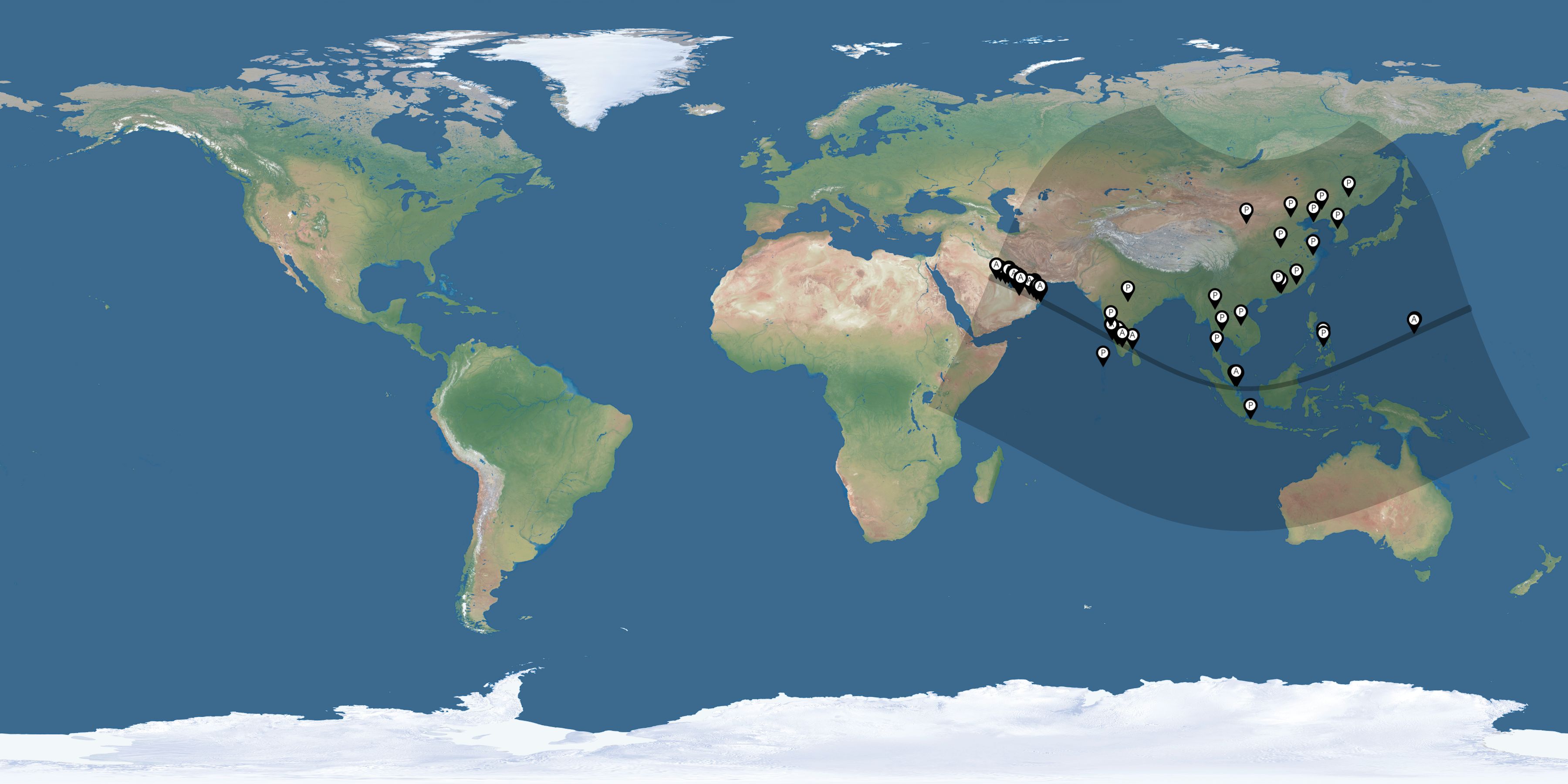 Map of all observers of the solar eclipse of 12/26/2019