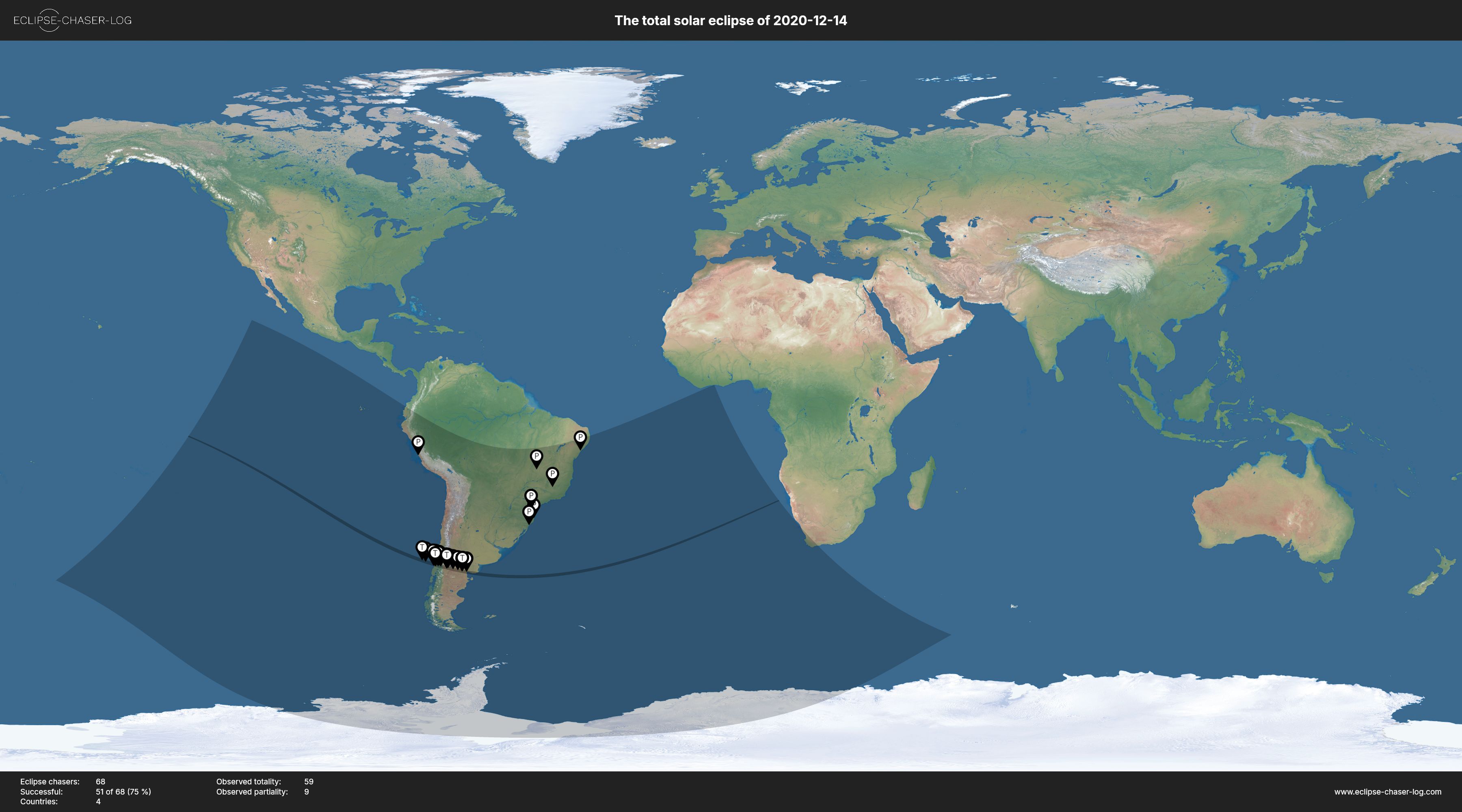 Map of all observers of the solar eclipse of 12/14/2020