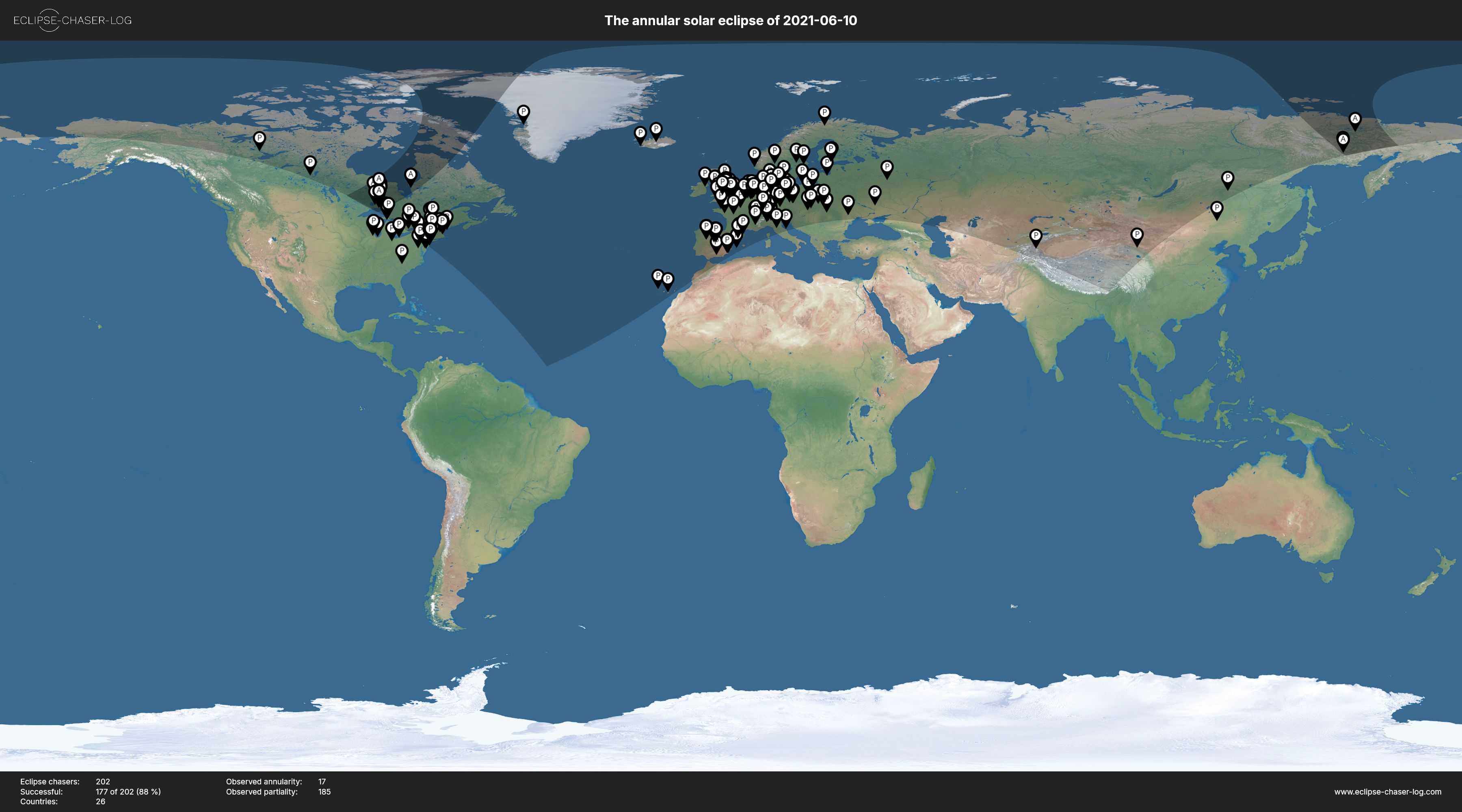 Map of all observers of the solar eclipse of 06/10/2021