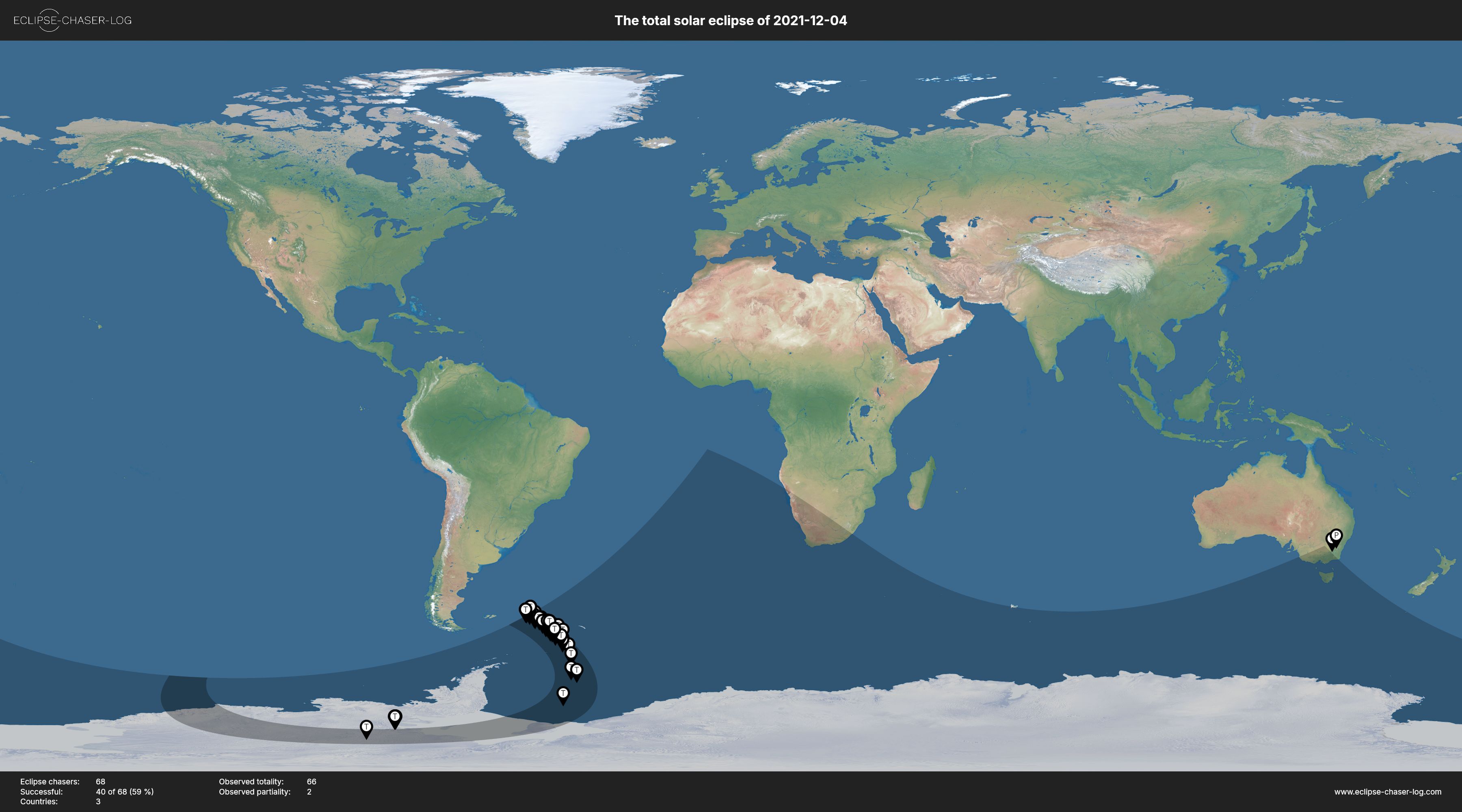 Map of all observers of the solar eclipse of 12/04/2021