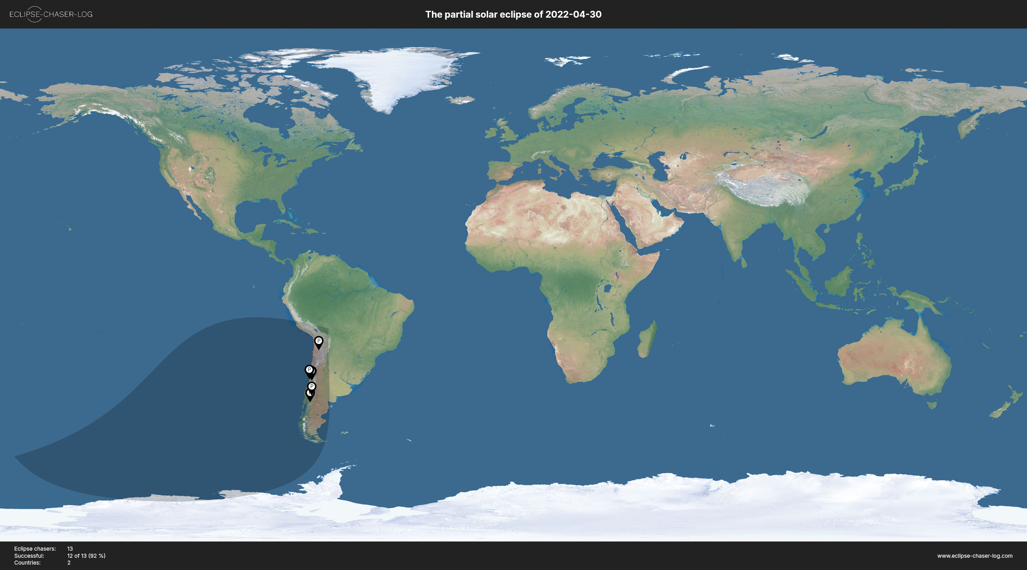 Map of all observers of the solar eclipse of 04/30/2022