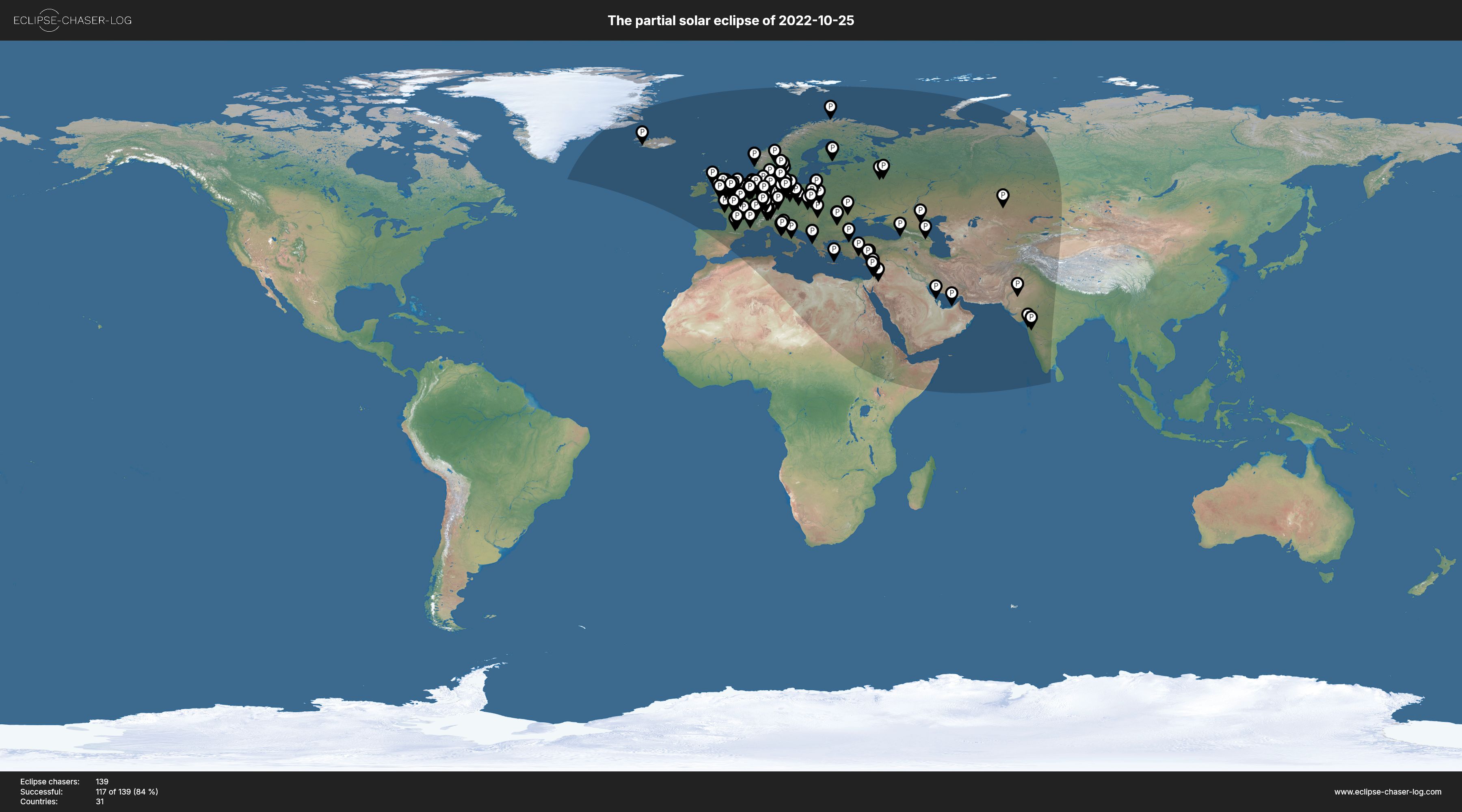 Map of all observers of the solar eclipse of 10/25/2022