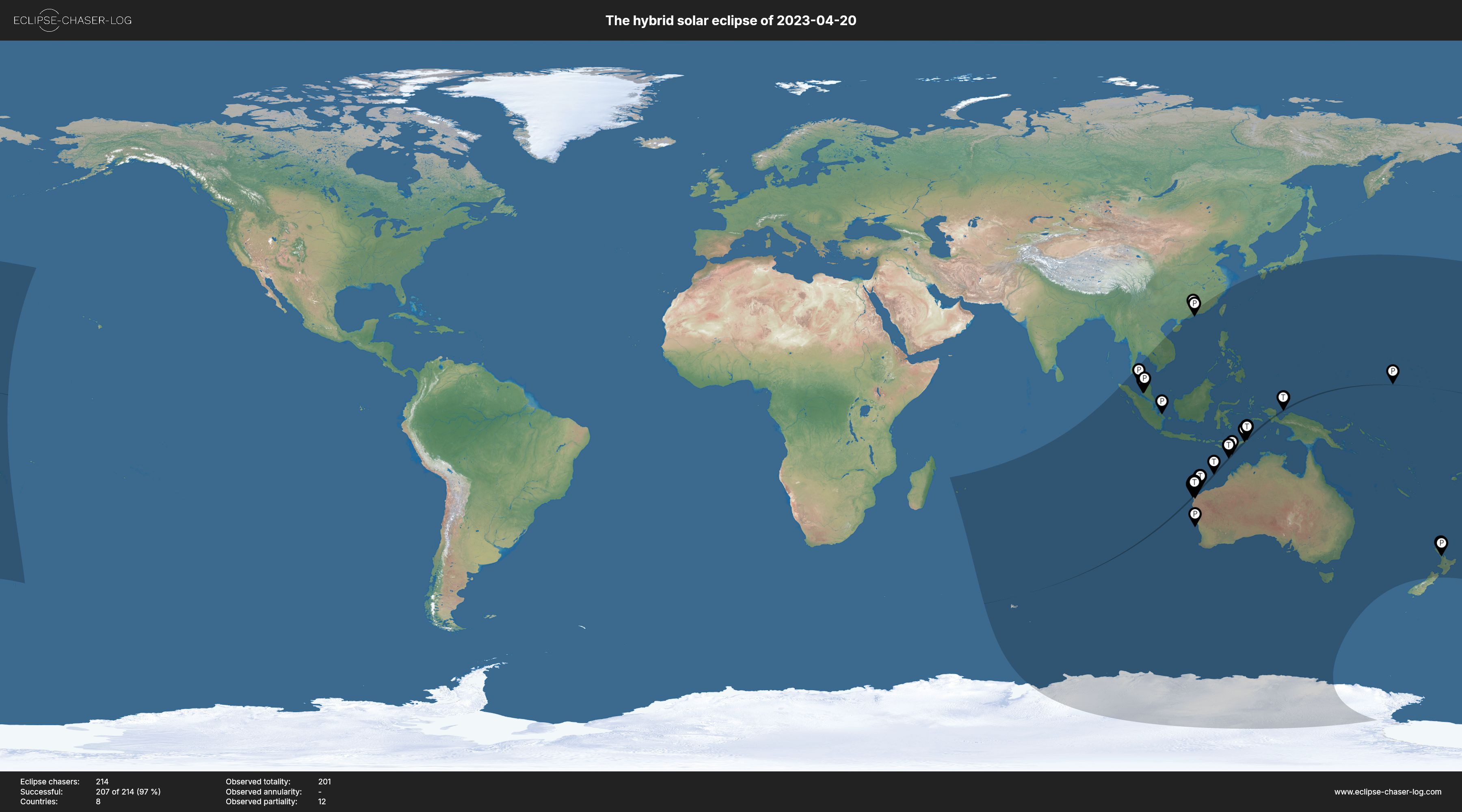 Map of all observers of the solar eclipse of 04/20/2023