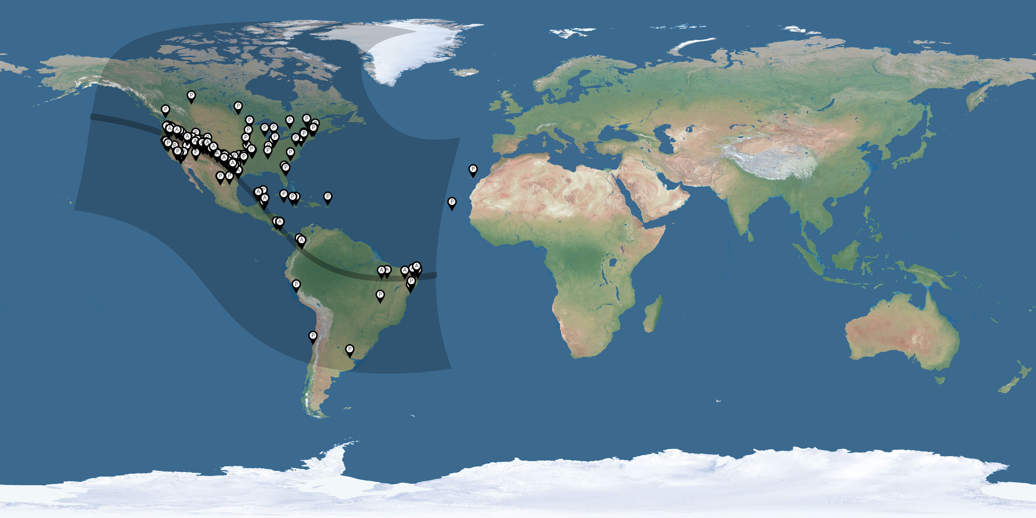 Map of all observers of the solar eclipse of 10/14/2023