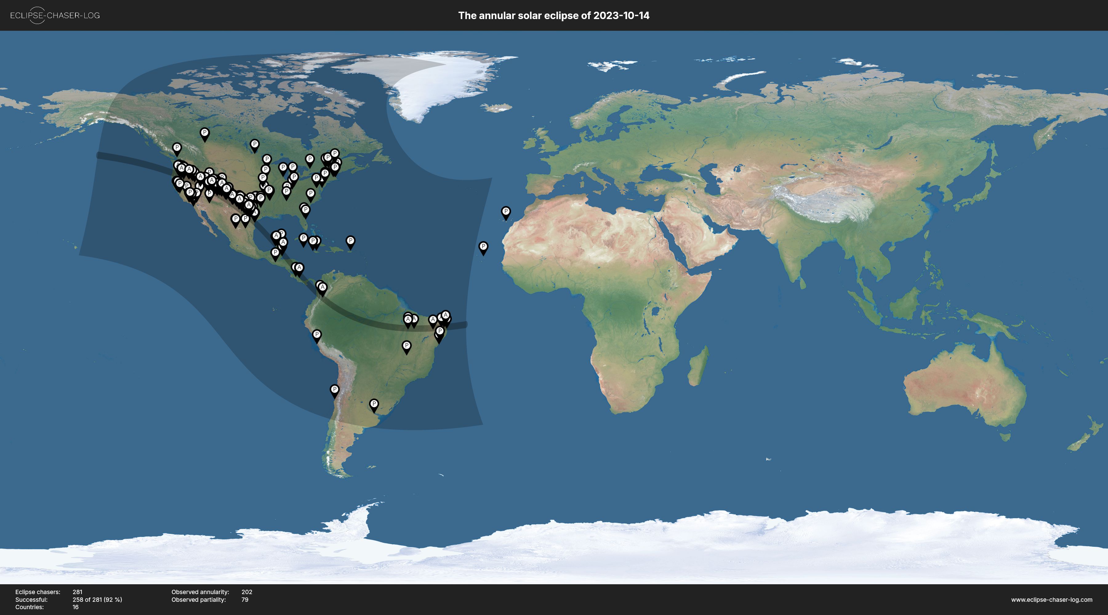 Map of all observers of the solar eclipse of 10/14/2023