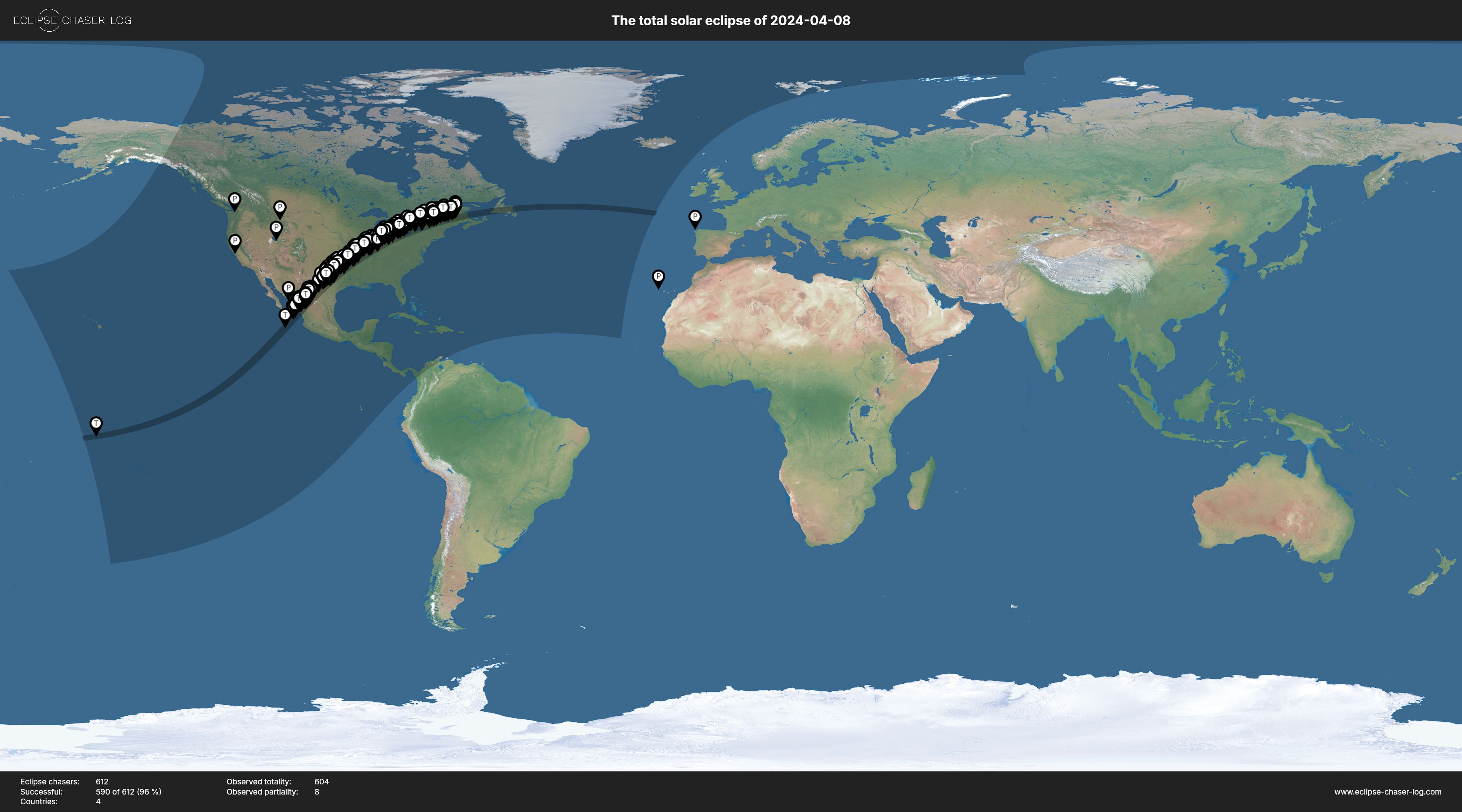 Map of all observers of the solar eclipse of 04/08/2024