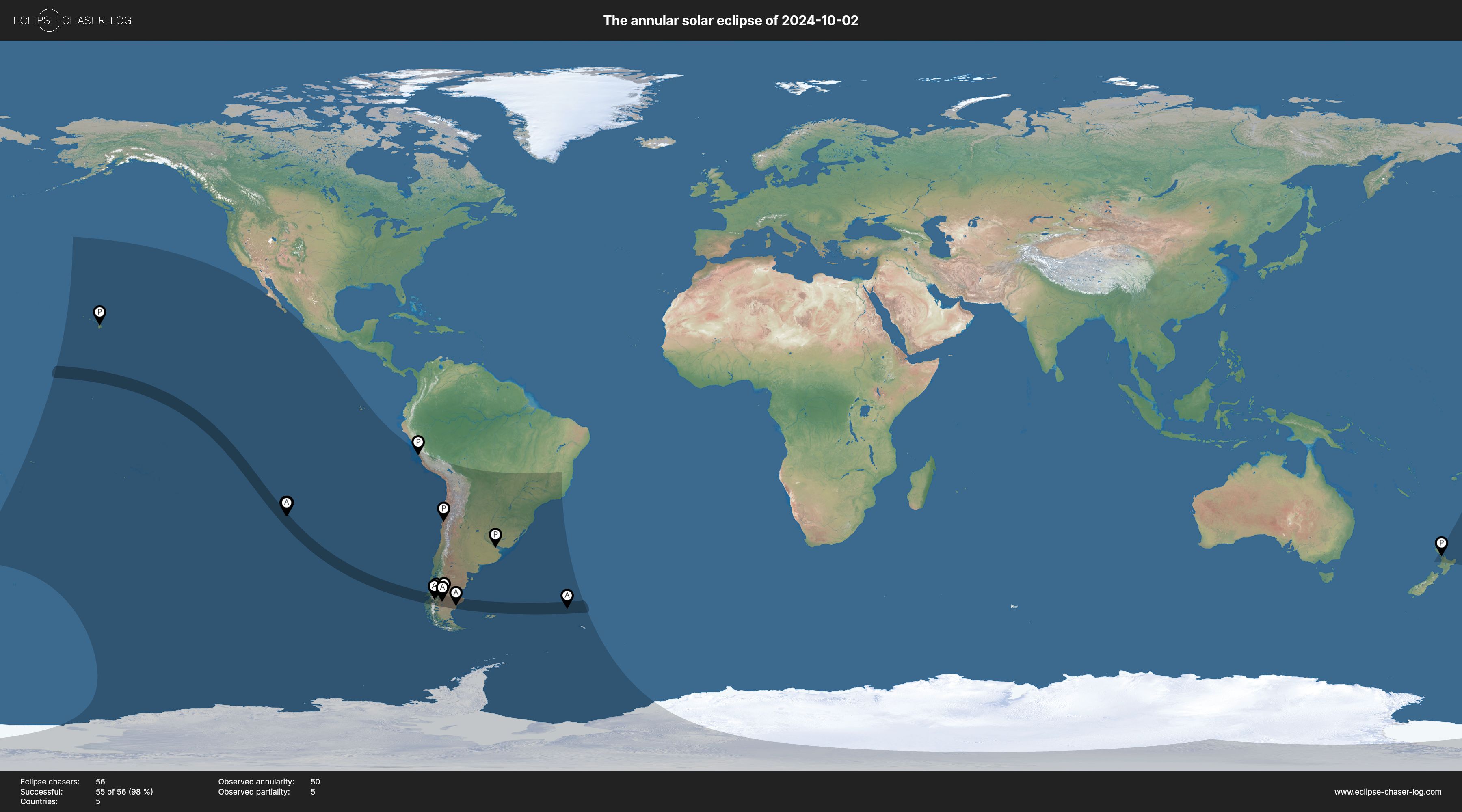 Map of all observers of the solar eclipse of 10/02/2024