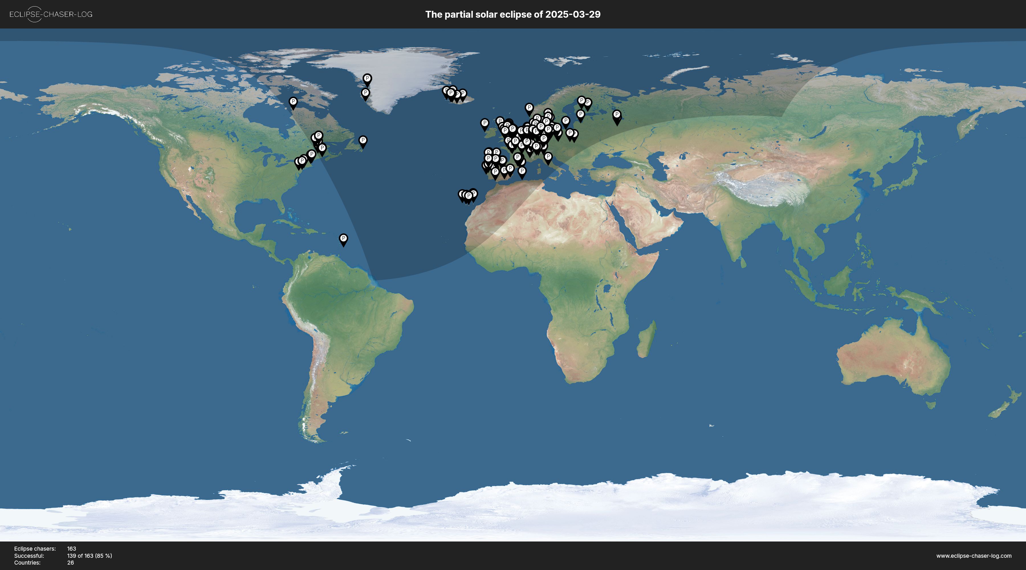 Map of all observers of the solar eclipse of 03/29/2025