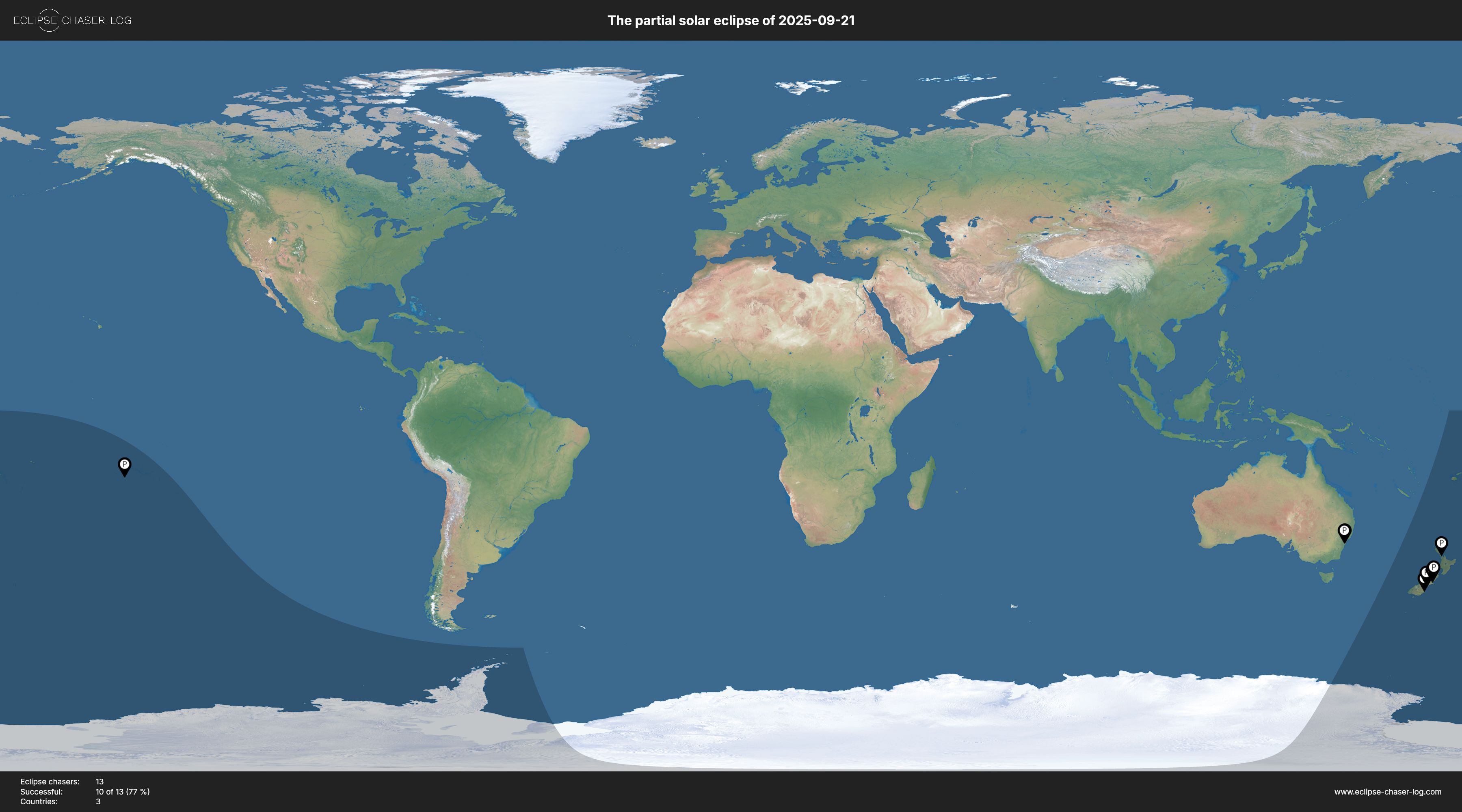 Map of all observers of the solar eclipse of 09/21/2025