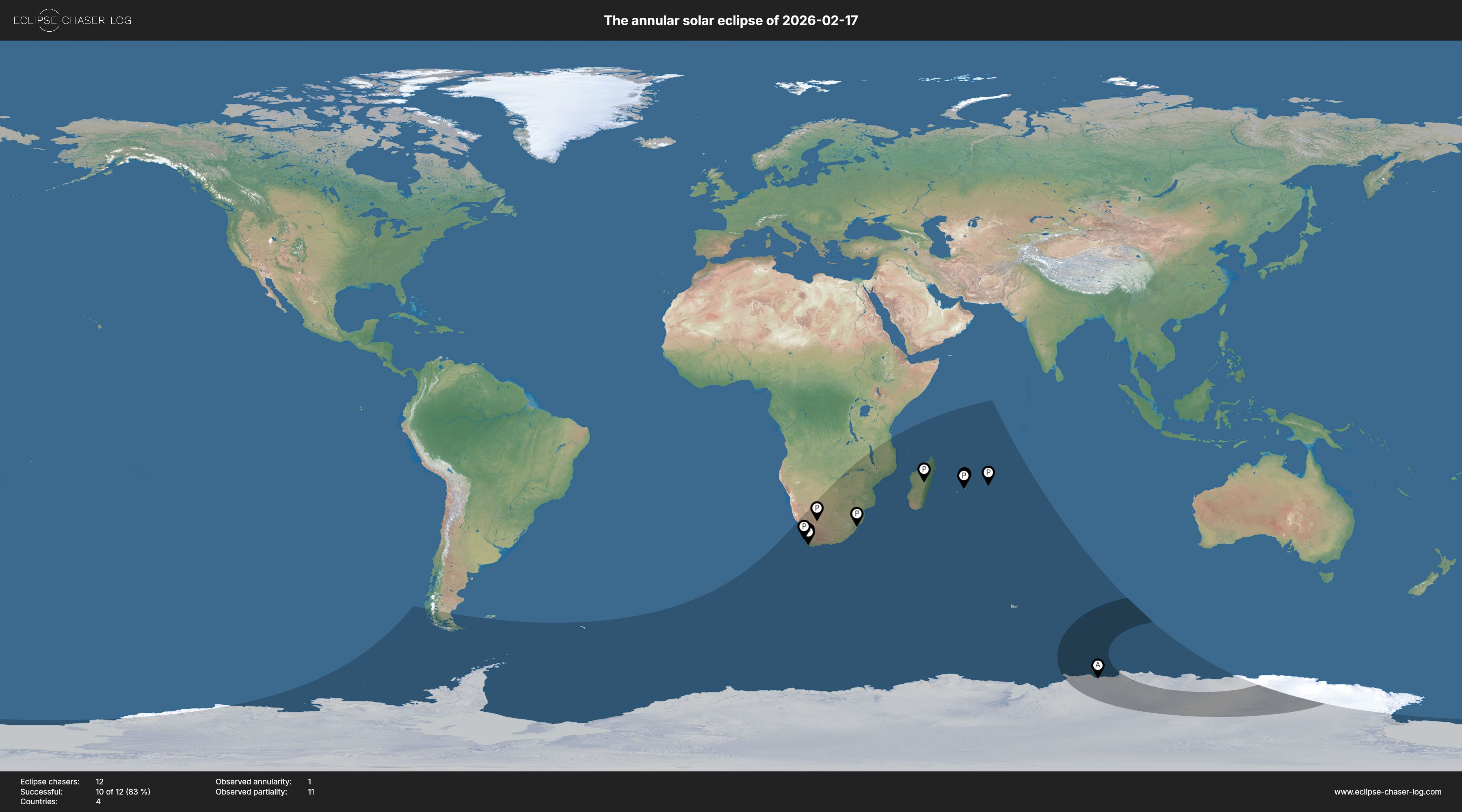 Map of all observers of the solar eclipse of 02/17/2026