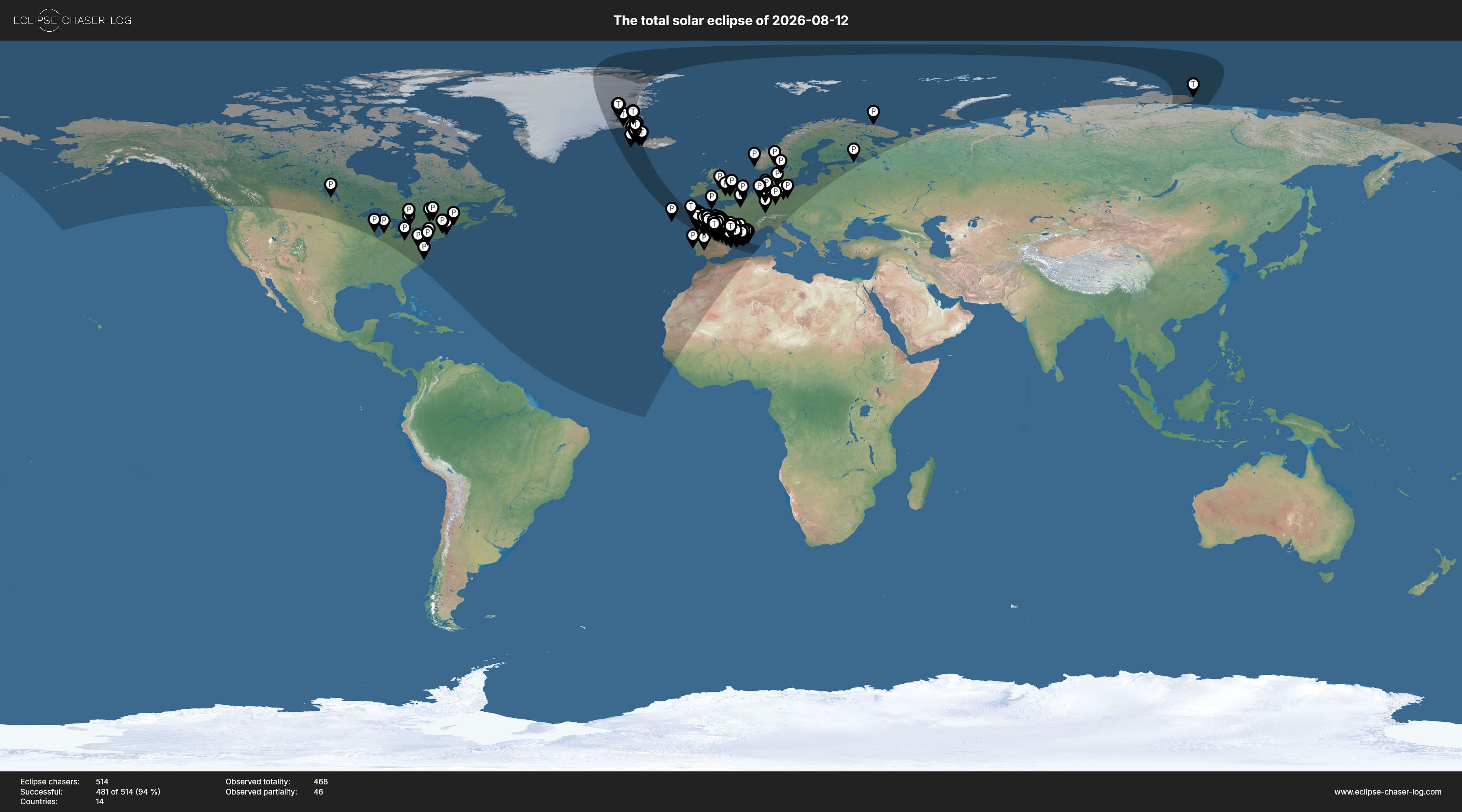 Map of all observers of the solar eclipse of 08/12/2026