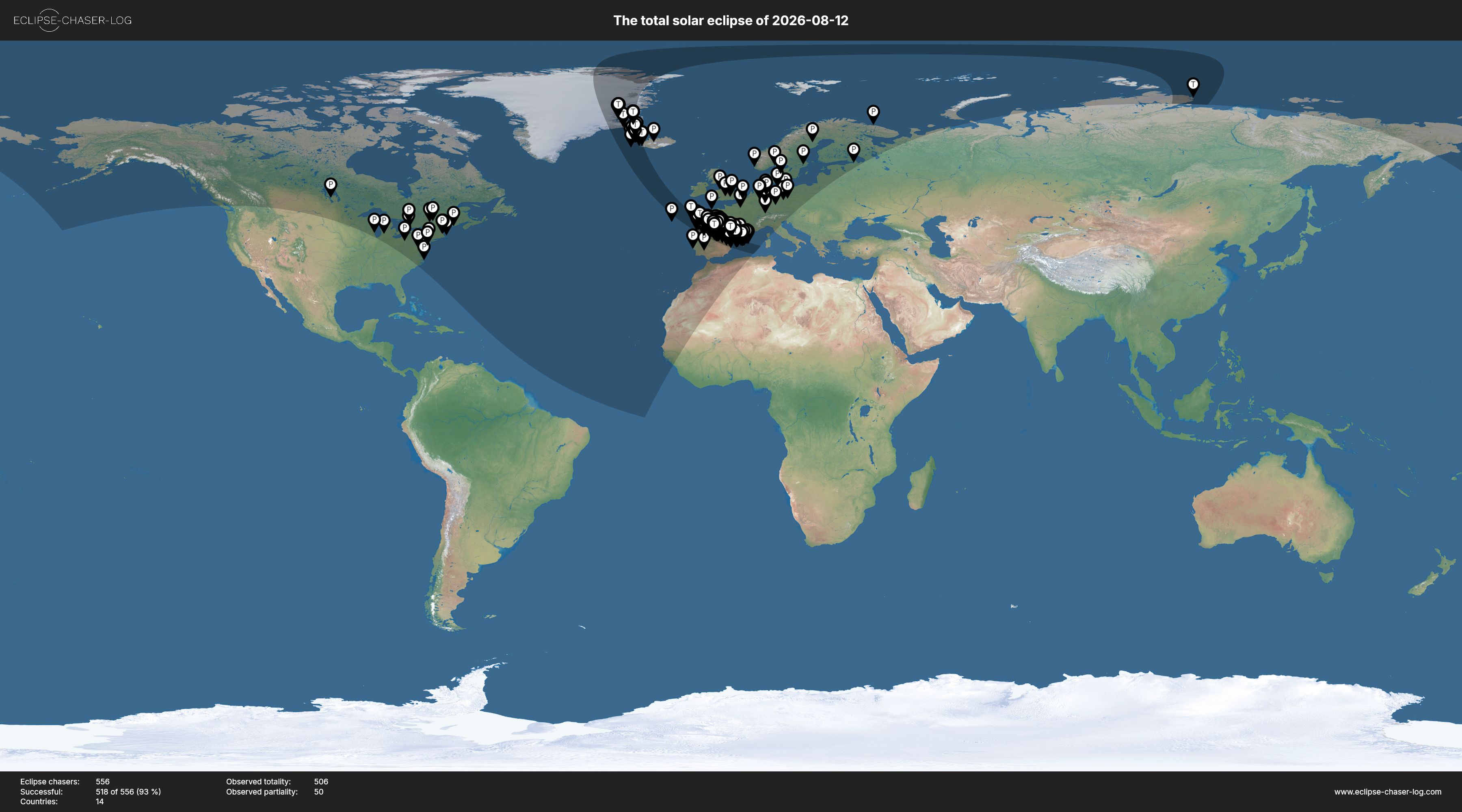 Map of all observers of the solar eclipse of 08/12/2026